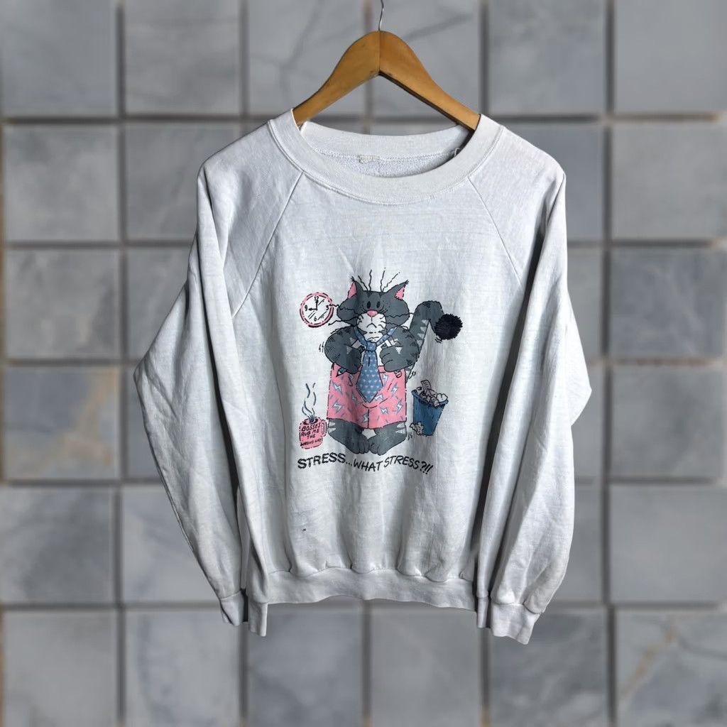 Vintage Stress What Stress Cat Sweatshirt Womens L White Graphic Fleece Pullover Size L / US 10 / IT 46 - 1 Thumbnail