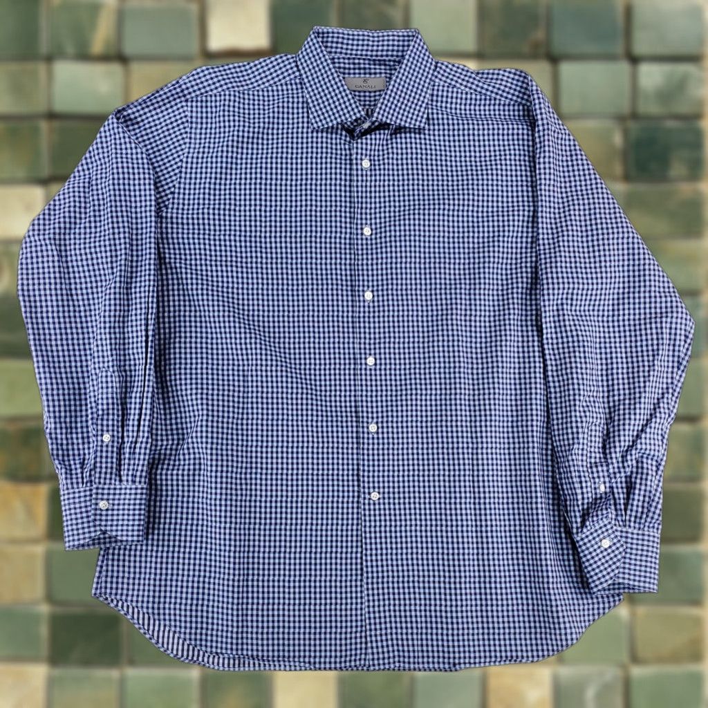 Canali Canali Button-Up Shirt Check Plaid Blue White Made Italy Mens 46-18 Long Sleeve Regular Blue Mens 46 18 Size US XXL / EU 58 / 5 - 1 Thumbnail