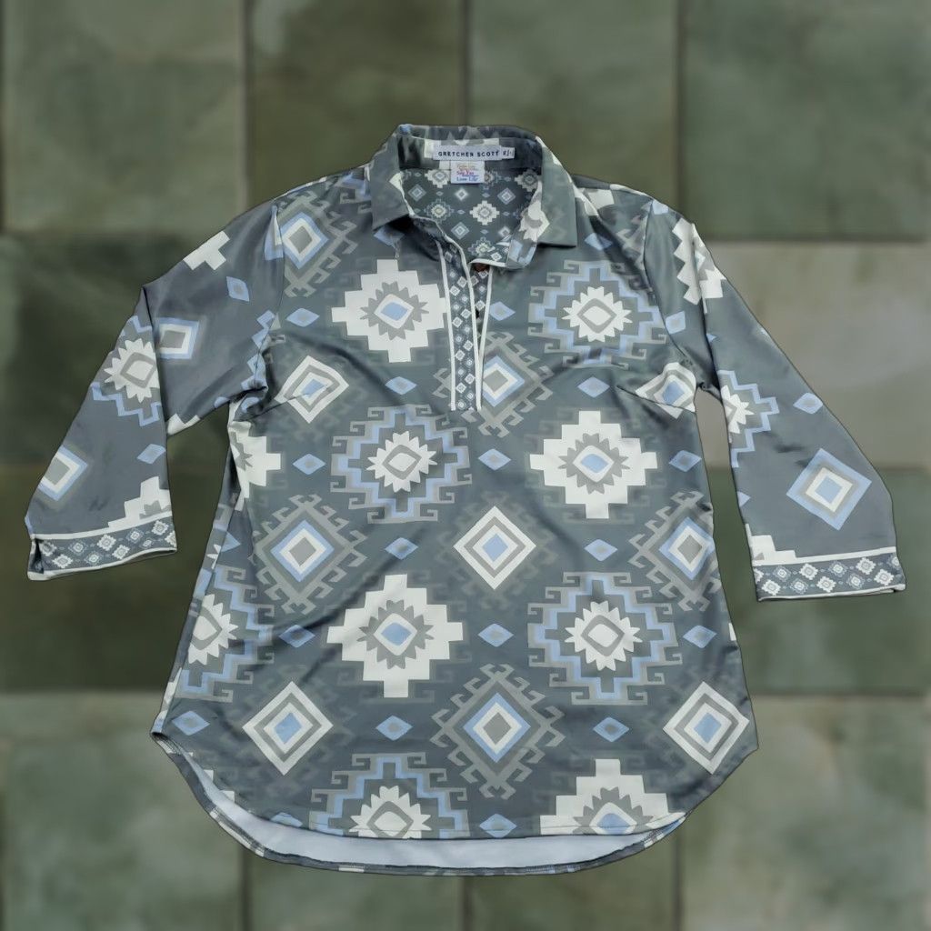 Vintage Gretchen Scott Shirt Women XL Gray Blue Aztec Print Tunic 3/4 Sleeve Top Stretch Blouse Geometric Button Accent Casual Modern Size XL / US 12-14 / IT 48-50 - 1 Thumbnail