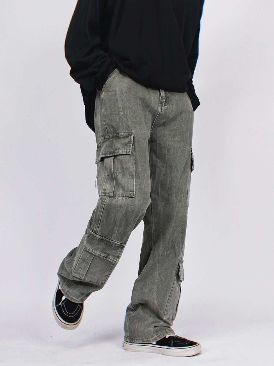 distressed pocket cargo washed jeans