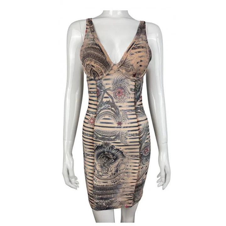 image of Archival Clothing x Jean Paul Gaultier Lindex Limited Tattoo Bodycon Mesh Dress, Women's (Size Smal