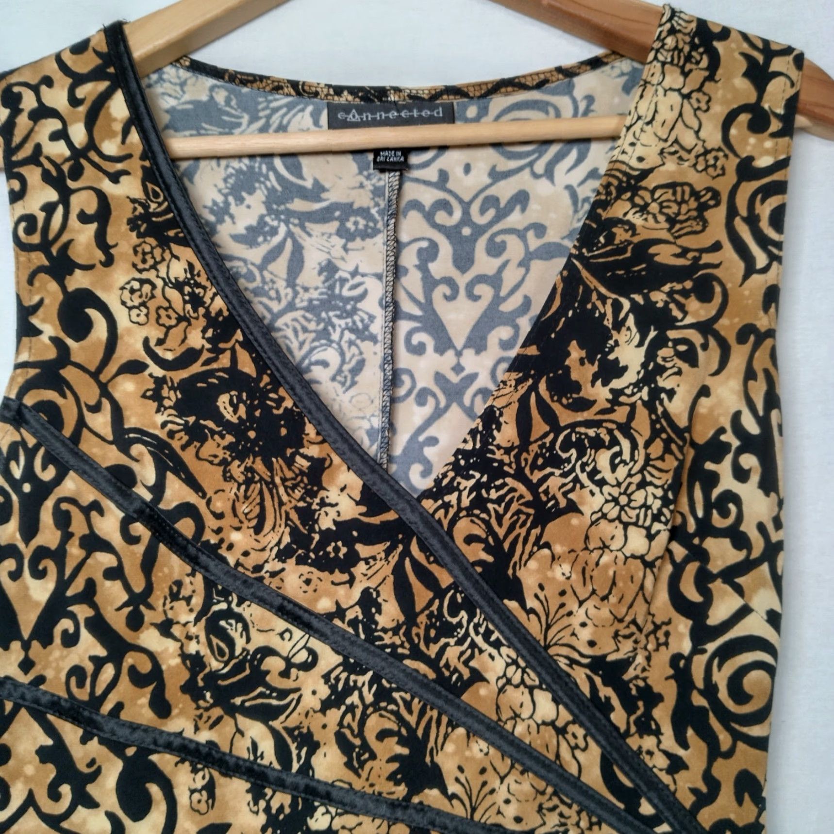 Vintage VINTAGE Connected Apparel Dress Midi Sleeveless V Neck Brown Black Tuscan 12 Women's Polyester Stretch Slimming Reused? Size XL / US 12-14 / IT 48-50 - 7 Thumbnail