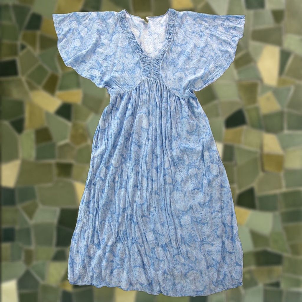 Vintage Hinge 100% Rayon Blue Paisley Floral Flare Sleeve Empire Long Maxi Smock Dress M Size M / US 6-8 / IT 42-44 - 1 Thumbnail