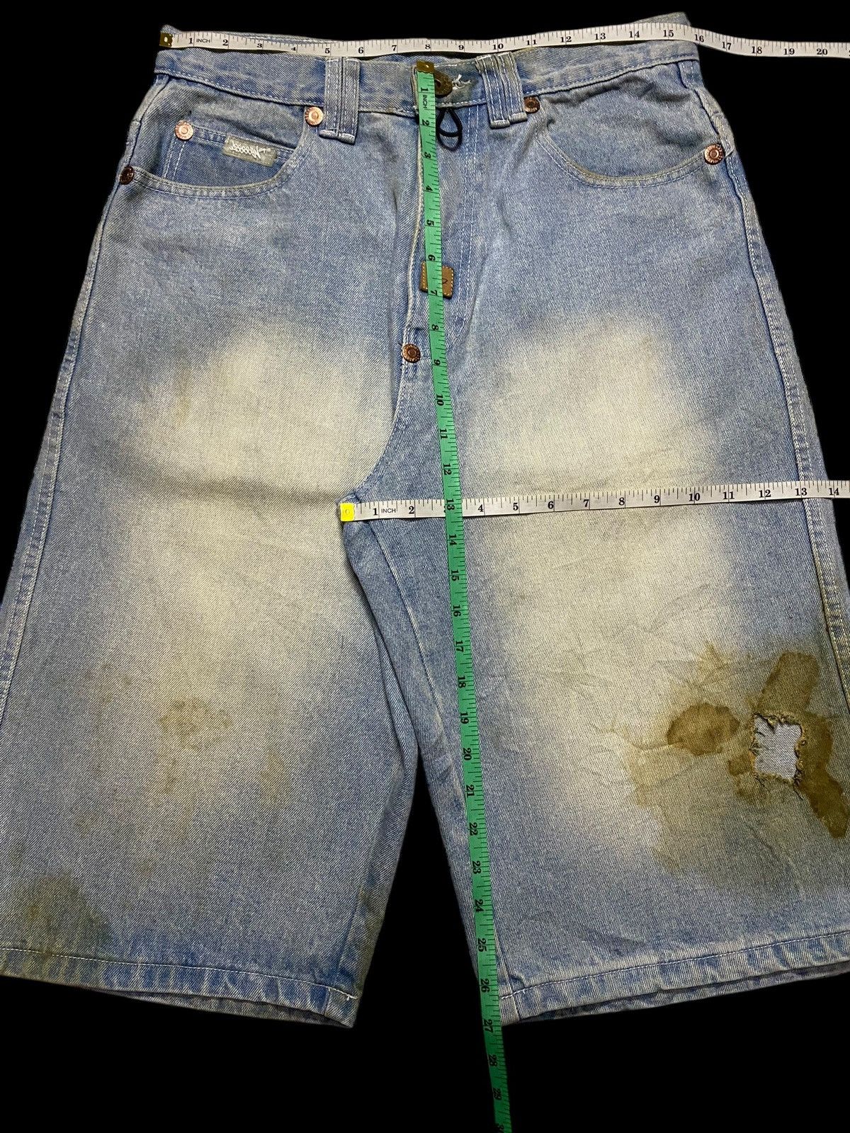 Bob Marley Baggy Vintage Hemp Blue Denim Shorts With Unique Stains Find Size US 31 - 15 Thumbnail