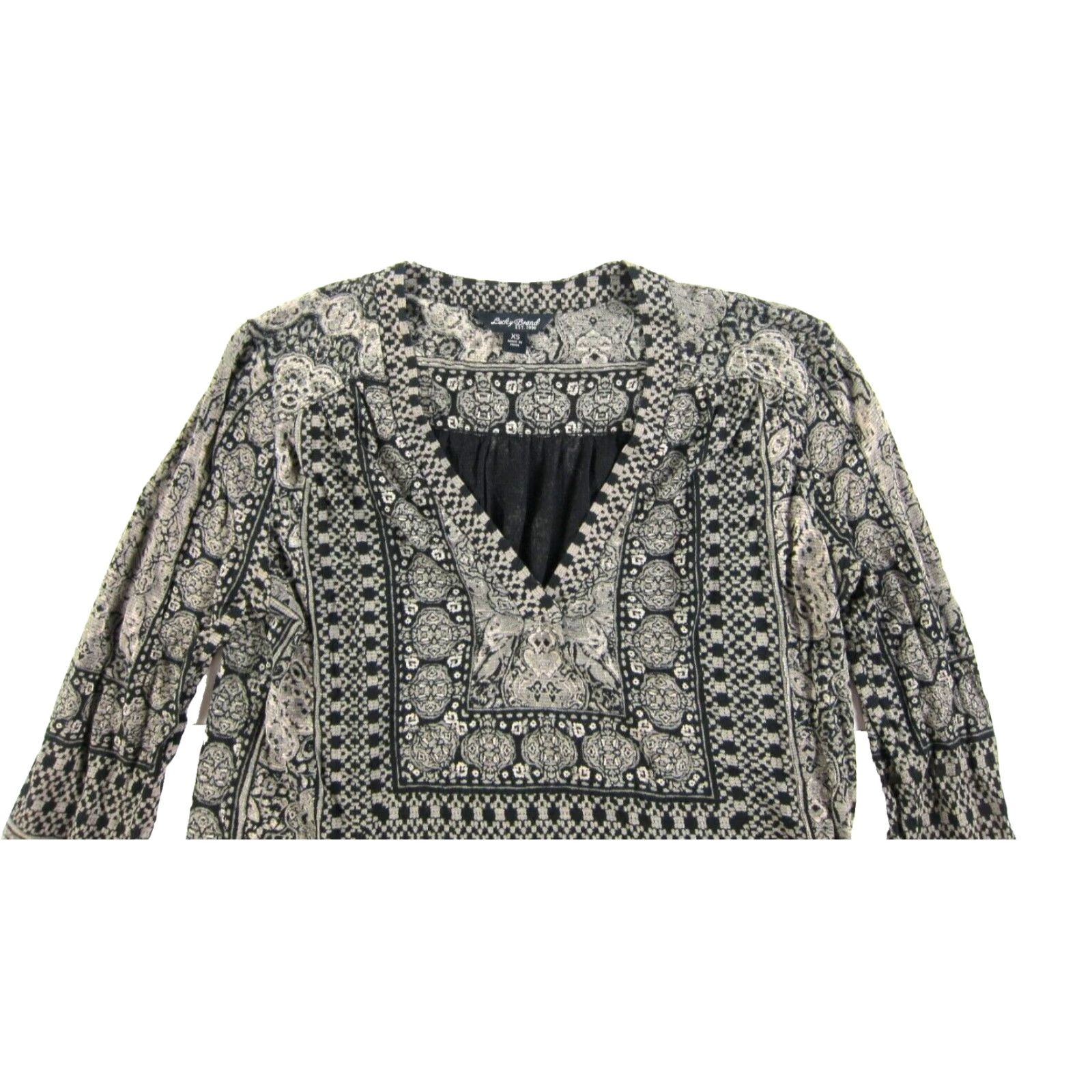 Lucky Brand Lucky Brand Blouse XS Tunic V-Neck Long Sleeve Jersey Cotton Batik Floral Gray Women Size XS / US 0-2 / IT 36-38 - 4 Thumbnail