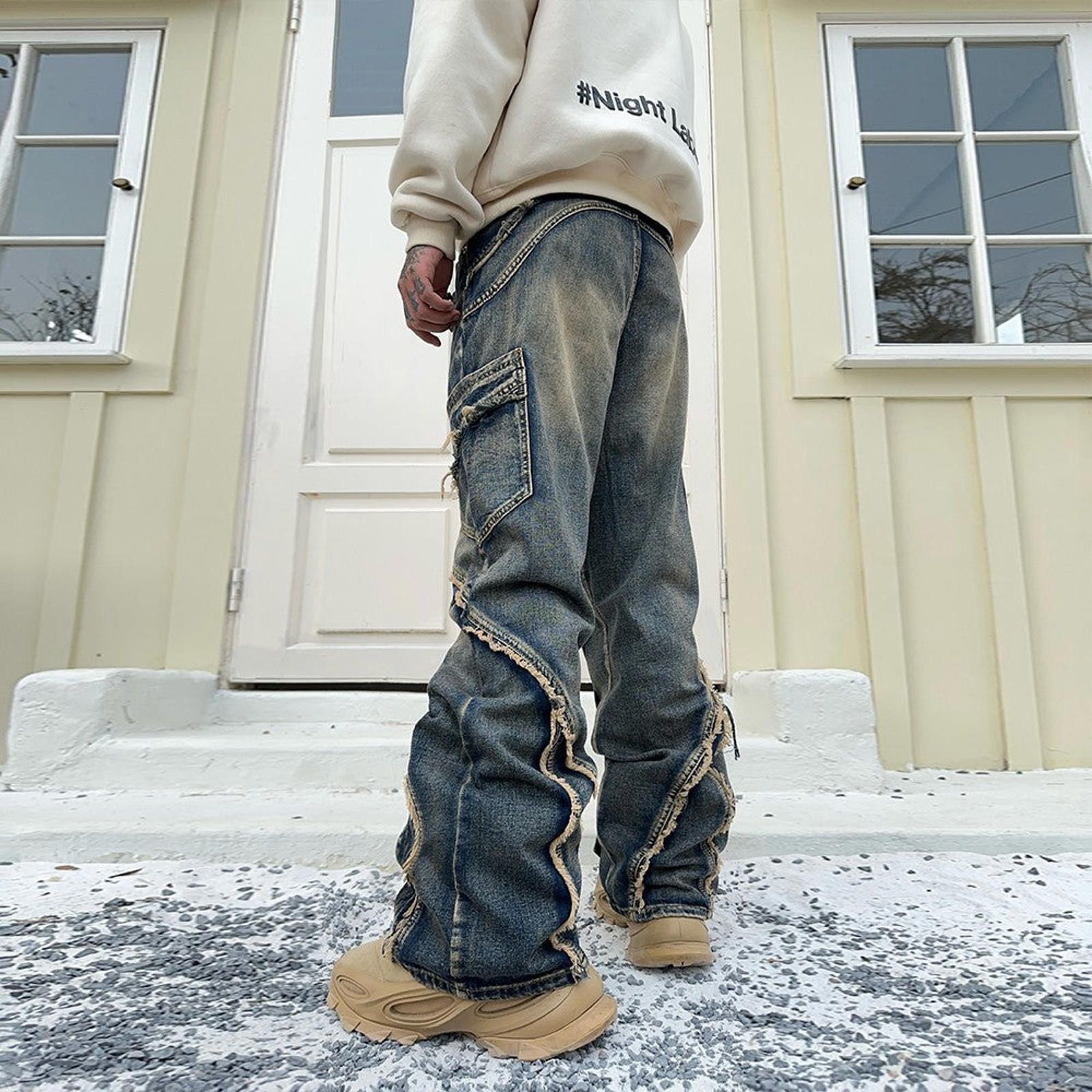 Jean × Vintage Loose Fit Micro Flare Jeans – Tassel, Niche Streetwear Size US 32 / EU 48 - 4 Thumbnail