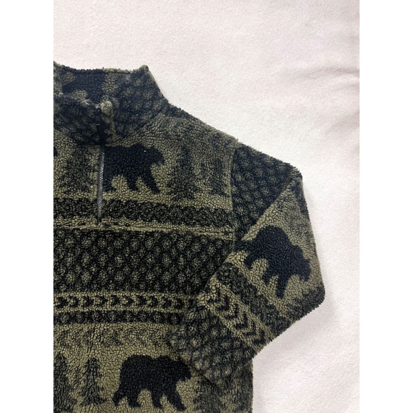 Vintage Womens XL Pullover Shirt, Forest-Themed Sherpa Quarter-Zip, Green, Fleece, Bear/Tree Pattern, Casual Winter Wear Size XL / US 12-14 / IT 48-50 - 5 Thumbnail