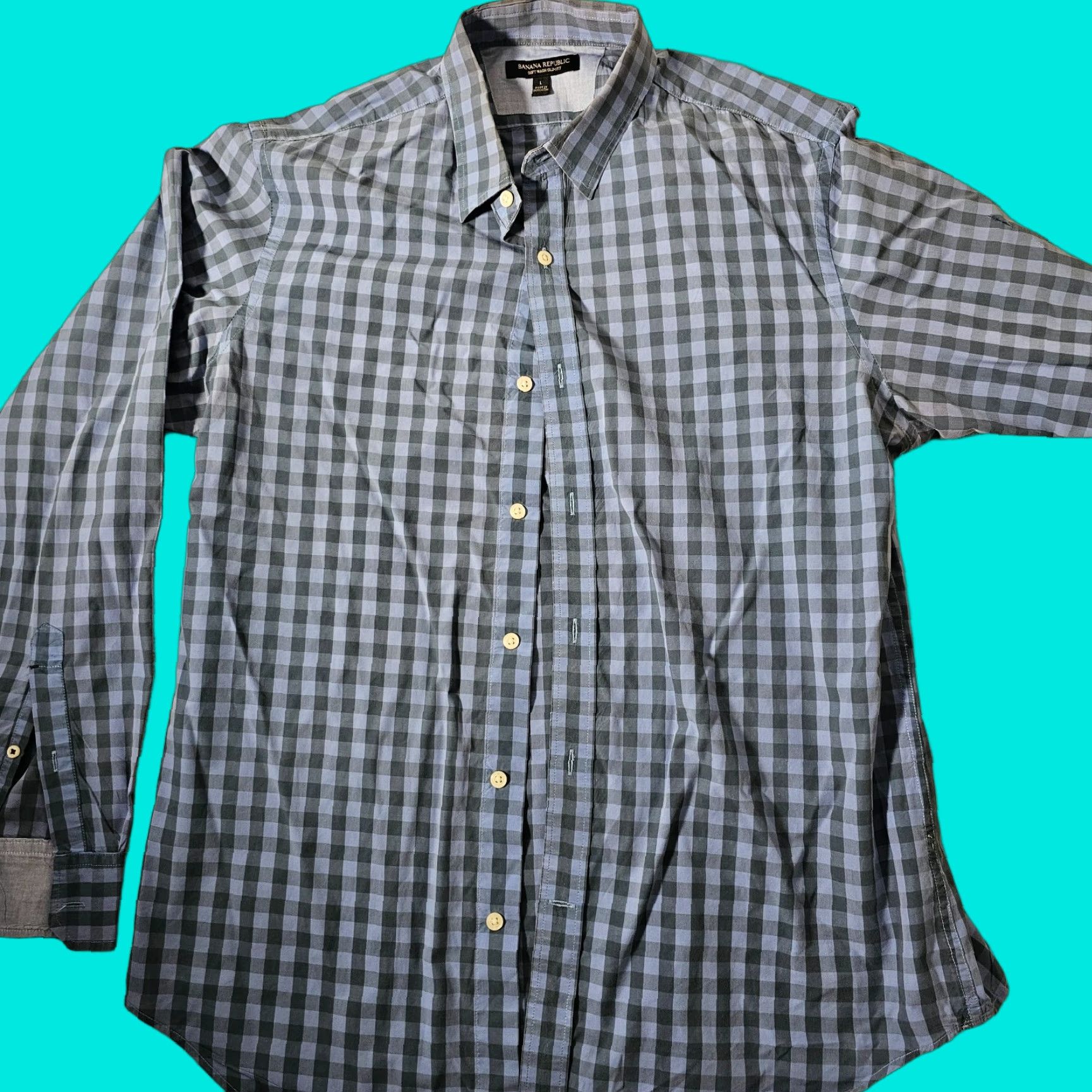 Banana Republic Banana Republic Men's L Shirt Button-Up Slim Fit Blue Check Casual Travel Workwear Size US L / EU 52-54 / 3 - 1 Thumbnail