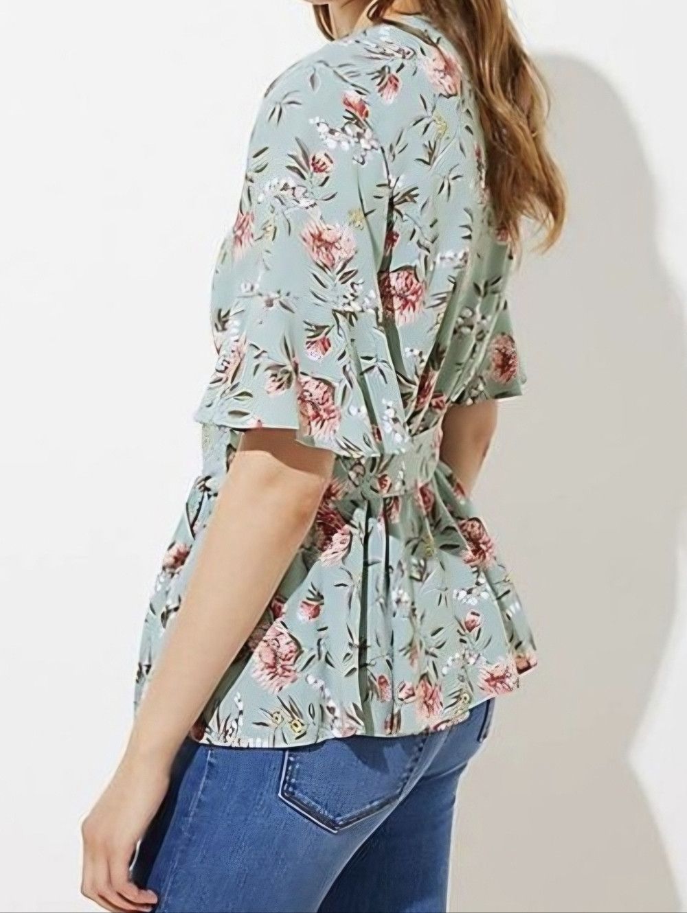 Loft Brushed Sage Floral Peplum Short Slv Wrap Top Spring Summer Size XS / US 0-2 / IT 36-38 - 2 Thumbnail