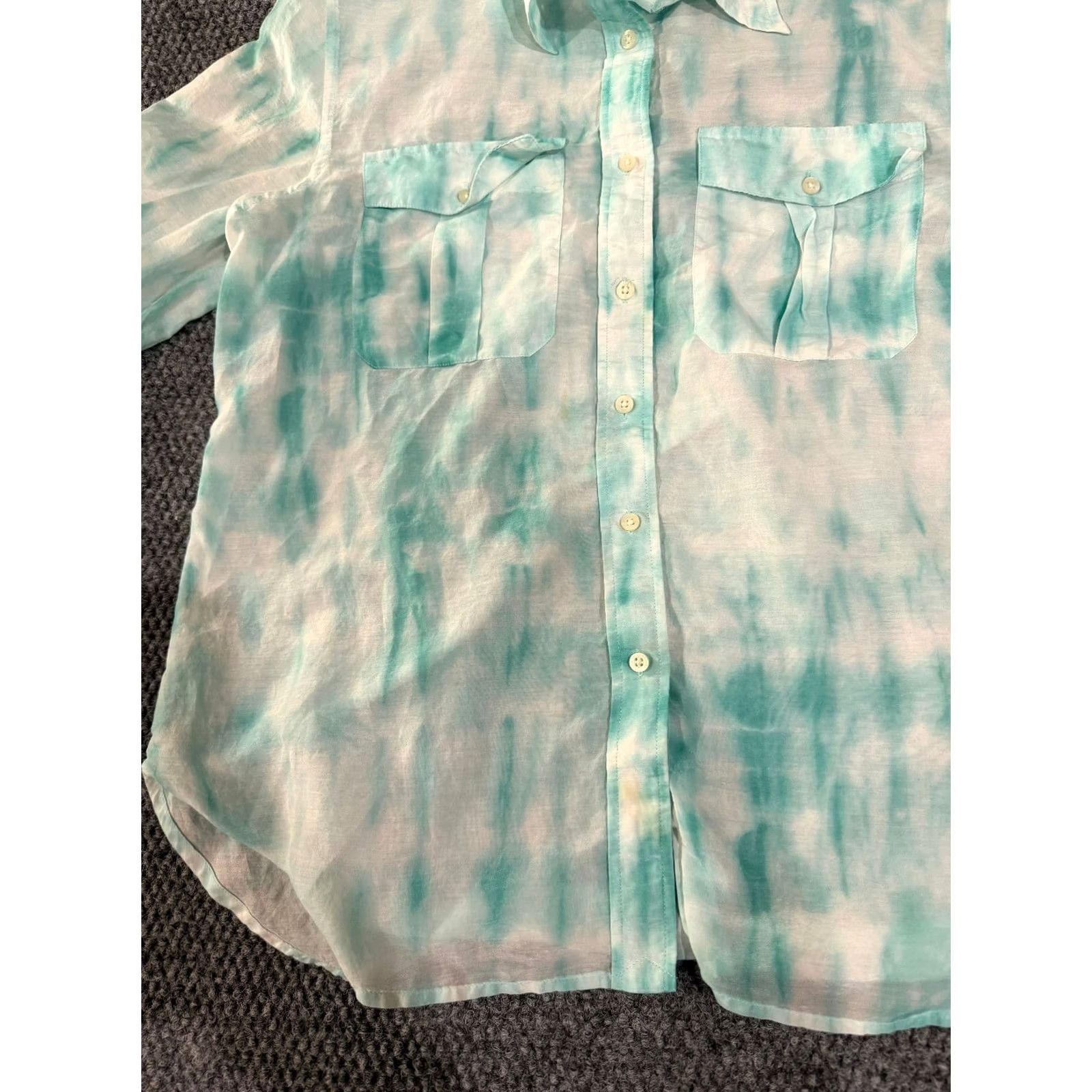 Ralph Lauren Lauren Ralph Lauren Blouse Womens Petite Large Green White Sheer Button Up Silk Cotton Knit Casual Shirt Size L / US 10 / IT 46 - 4 Thumbnail
