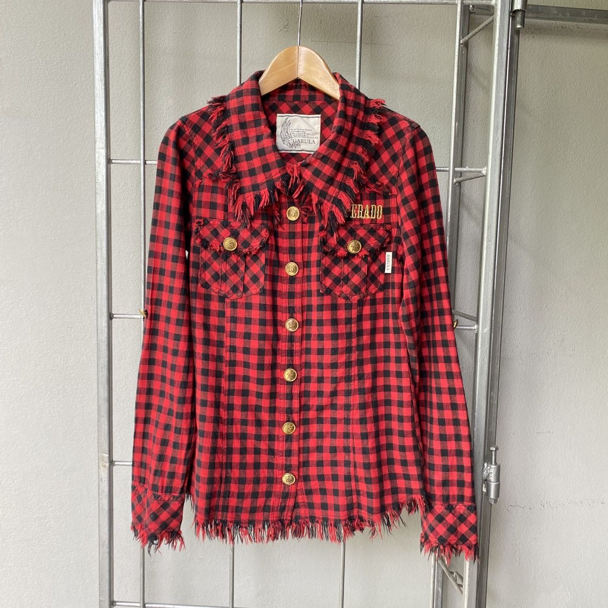 Designer × Japanese Brand GARULA Y2K Punk Red Black Check Frayed Shirt Size M / US 6-8 / IT 42-44 - 21 Thumbnail