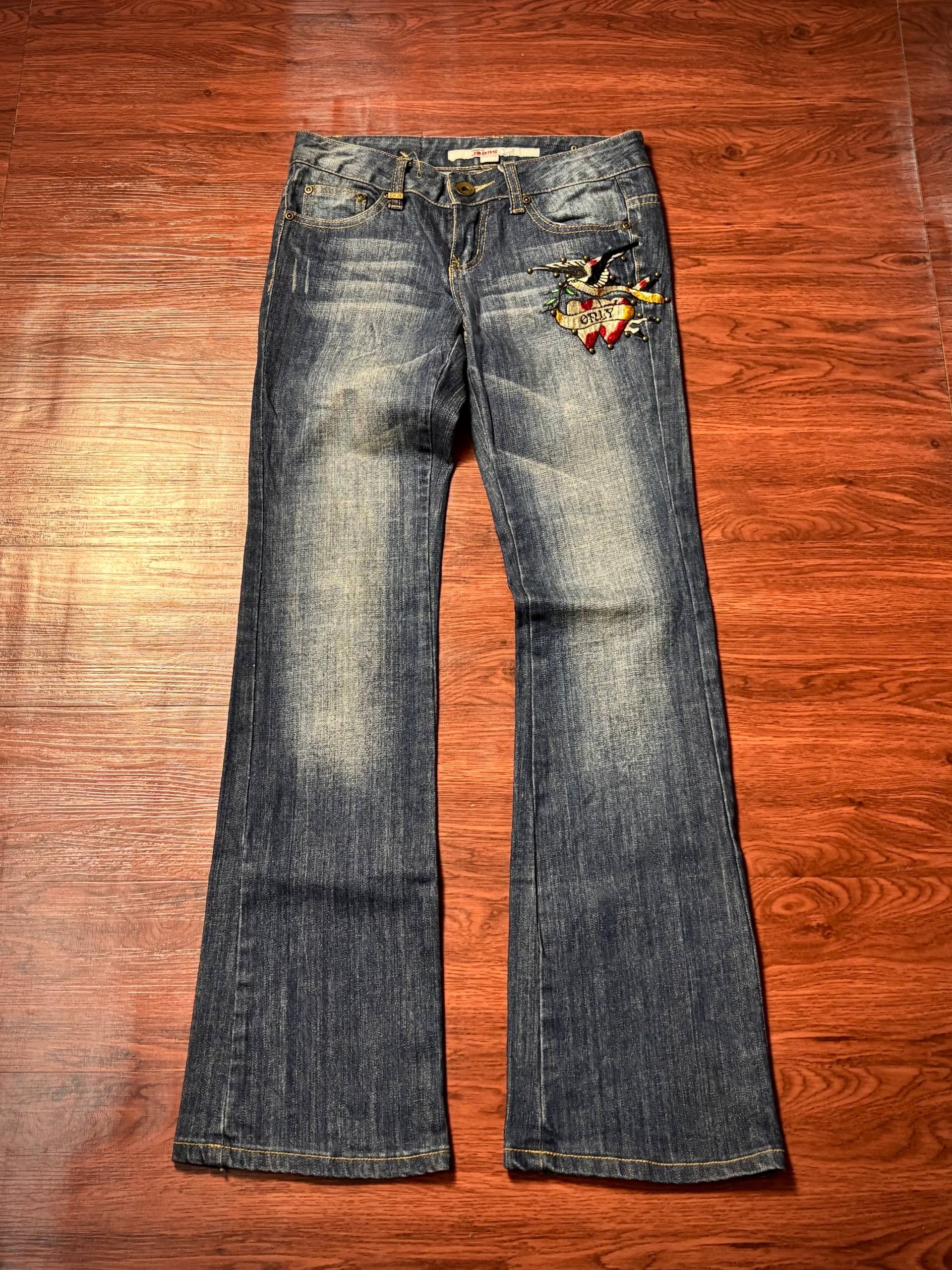 Avirex × Ed Hardy Vintage Y2K Ed Hardy Style Pants Rose Back Hit Flare Denim Size 28" / US 6 / IT 42 - 2 Thumbnail