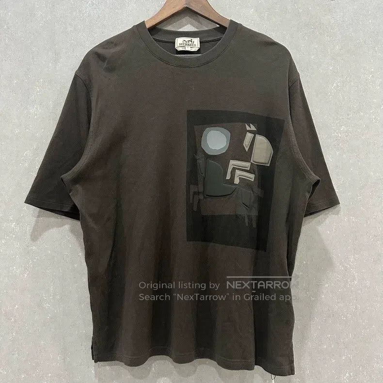 Hermes Hermes black and grey geometric leather patch short sleeve Size L / US 10 / IT 46 - 1 Thumbnail