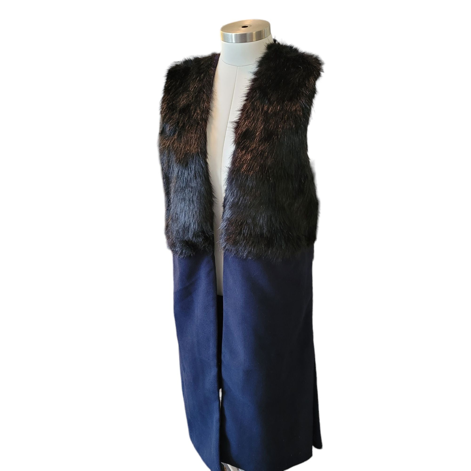 Other Blue Jacket Vest with Black Faux Fur 44" Sleeveless Festival Size S / US 4 / IT 40 - 1 Thumbnail