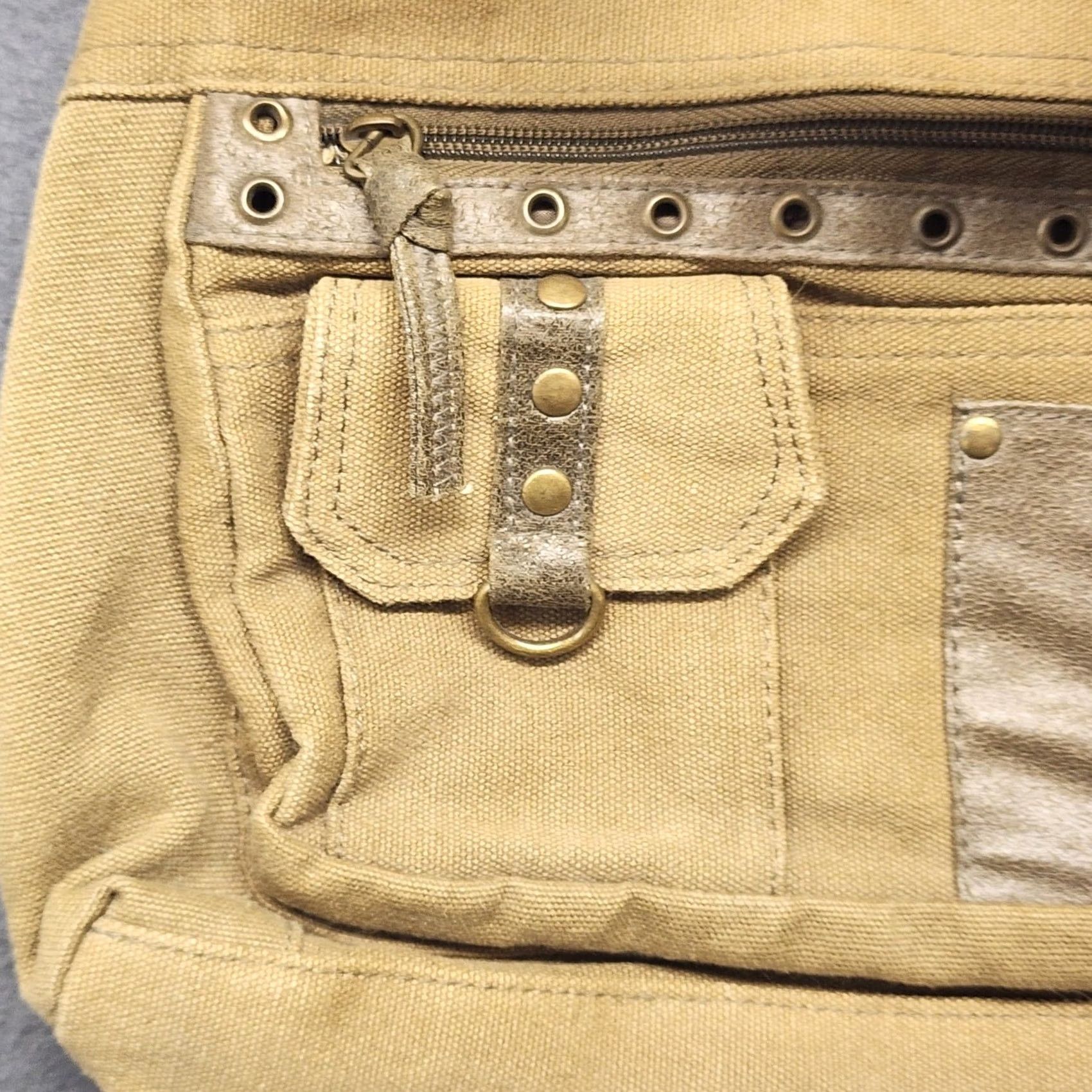Vintage Khaki Canvas Crossbody Purse Studded Multi Pocket Shoulder Bag Utility Crossbody Women Tan Zip Bag Size ONE SIZE - 5 Thumbnail