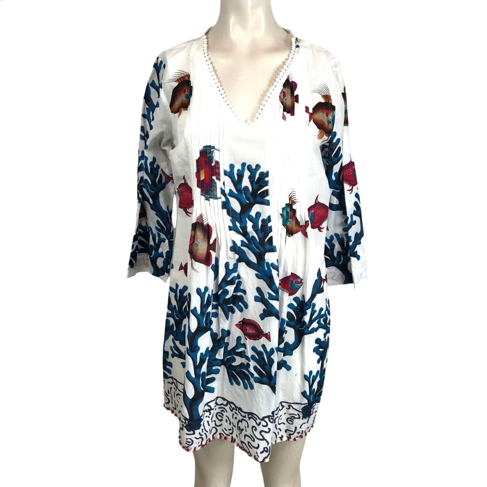 Soft Surroundings SOFT SURROUNDINGS WOMEN'S SMALL WHITE TUNIC TOP CORAL FISH PRINT COVER UP TUNIC BLOUSE 3/4 S/S V-NECK Size S / US 4 / IT 40 - 2 Thumbnail
