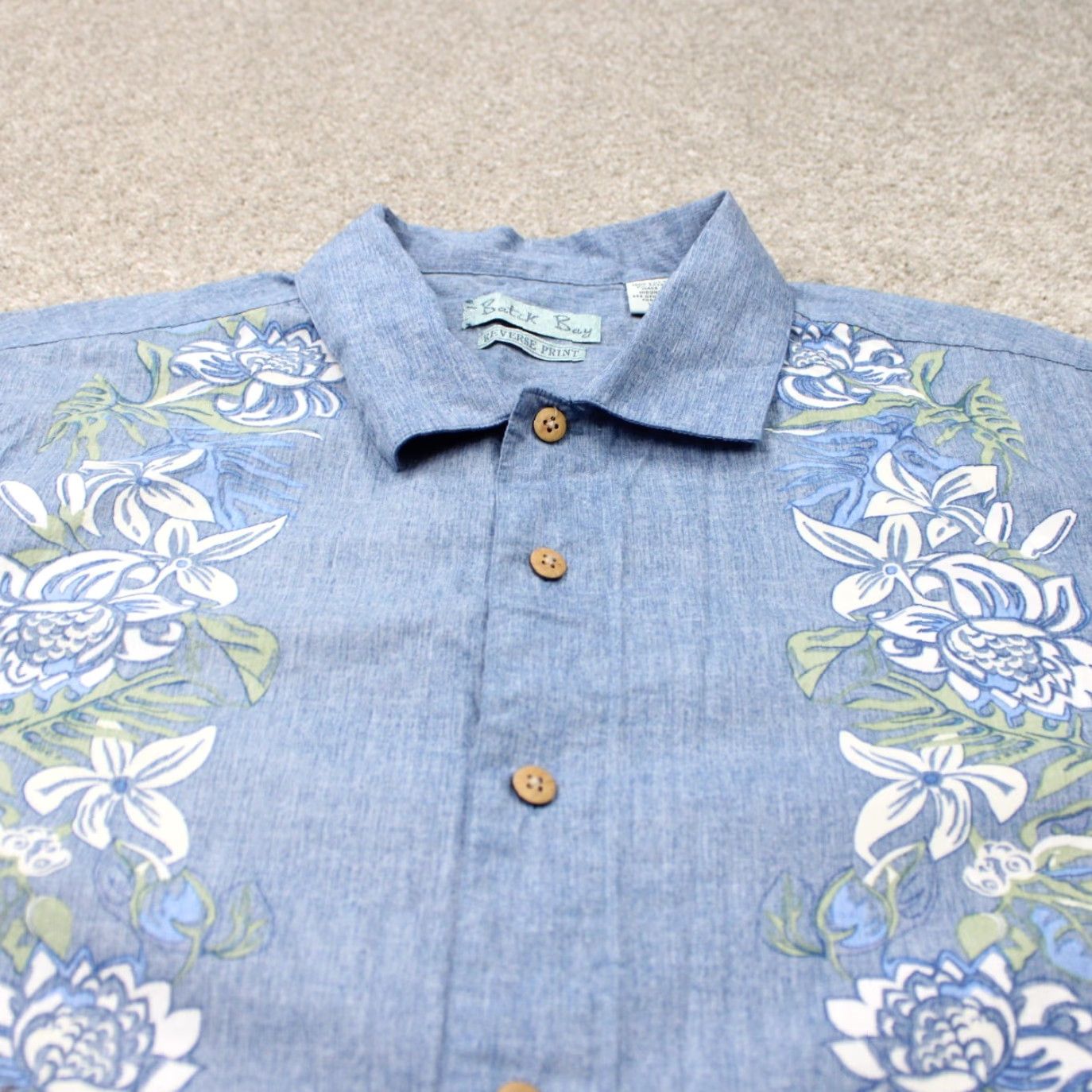 Vintage Batik Bay Shirt Mens 2XL Blue Floral Reverse Print 100% Cotton Short Sleeve Button-Up Size US XXL / EU 58 / 5 - 4 Thumbnail