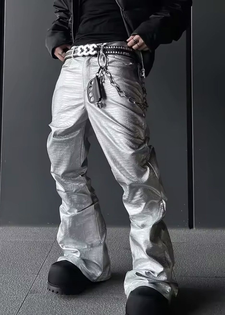 Japanese Brand Crinkled Faux Leather Pants Baggy Stacked PVC Trousers Size US 35 - 4 Thumbnail