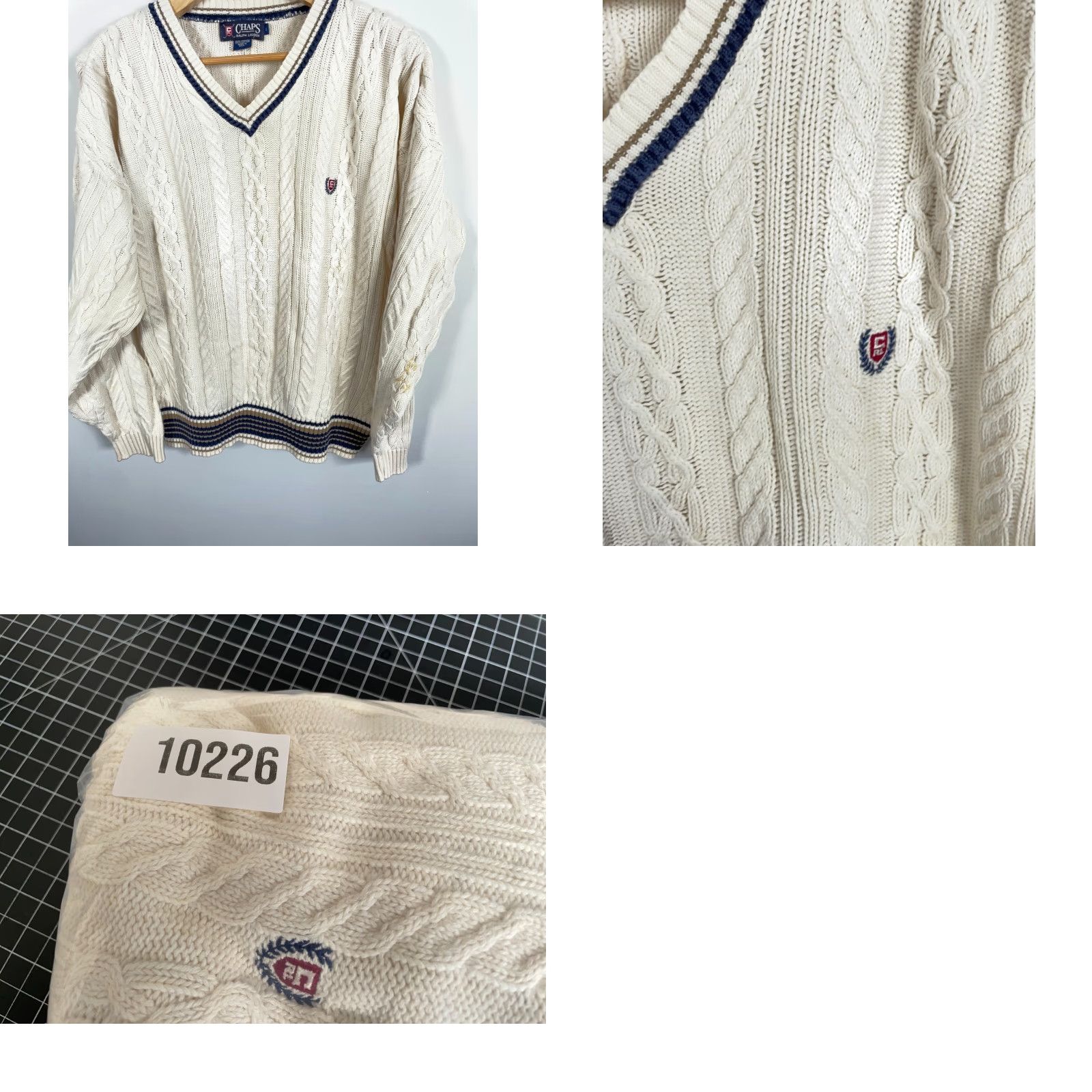 Chaps VINTAGE Chaps Ralph Lauren Tennis Sweater Men’s Large Ivory Cotton Cable Knit V-Neck Pullover Size US L / EU 52-54 / 3 - 9 Thumbnail