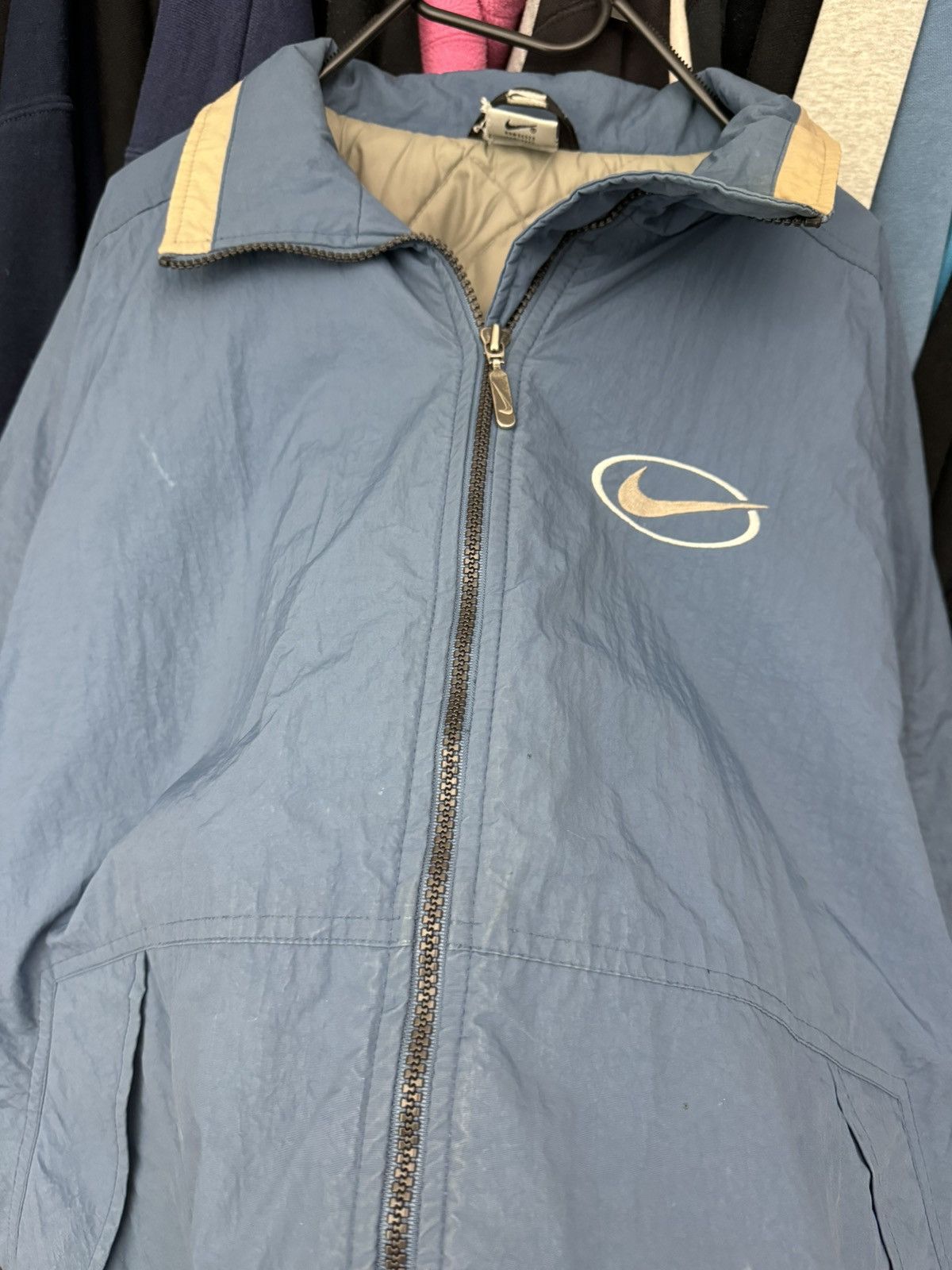 Nike × Vintage Vintage Nike Central Swoosh Bomber Jacket 90s y2k beige blue Size US M / EU 48-50 / 2 - 6 Thumbnail