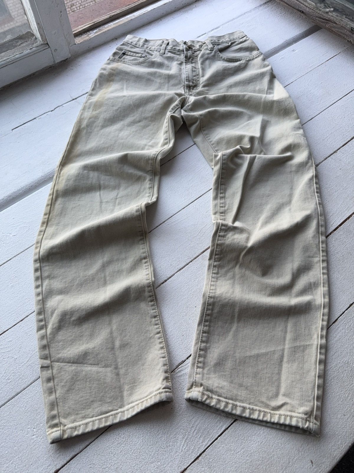 Armani Vintage 90s Distressed Armani Jeans Beige Straight Fit Pant Size US 33 - 1 Thumbnail