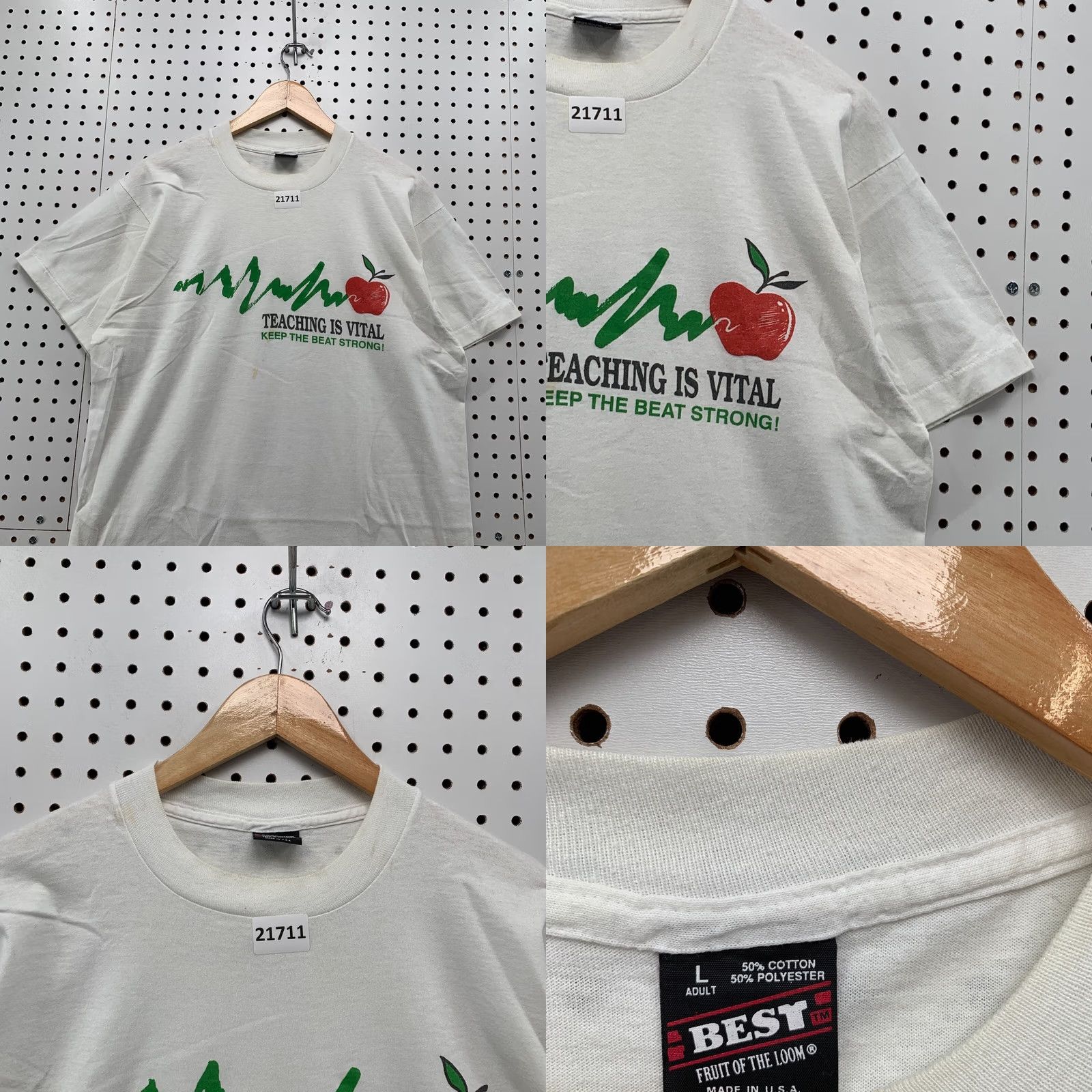 Fruit Of The Loom Vintage Teacher Shirt White Single Stitch Teaching Is Vital Mens Large 21.5x27 Size US L / EU 52-54 / 3 - 8 Thumbnail