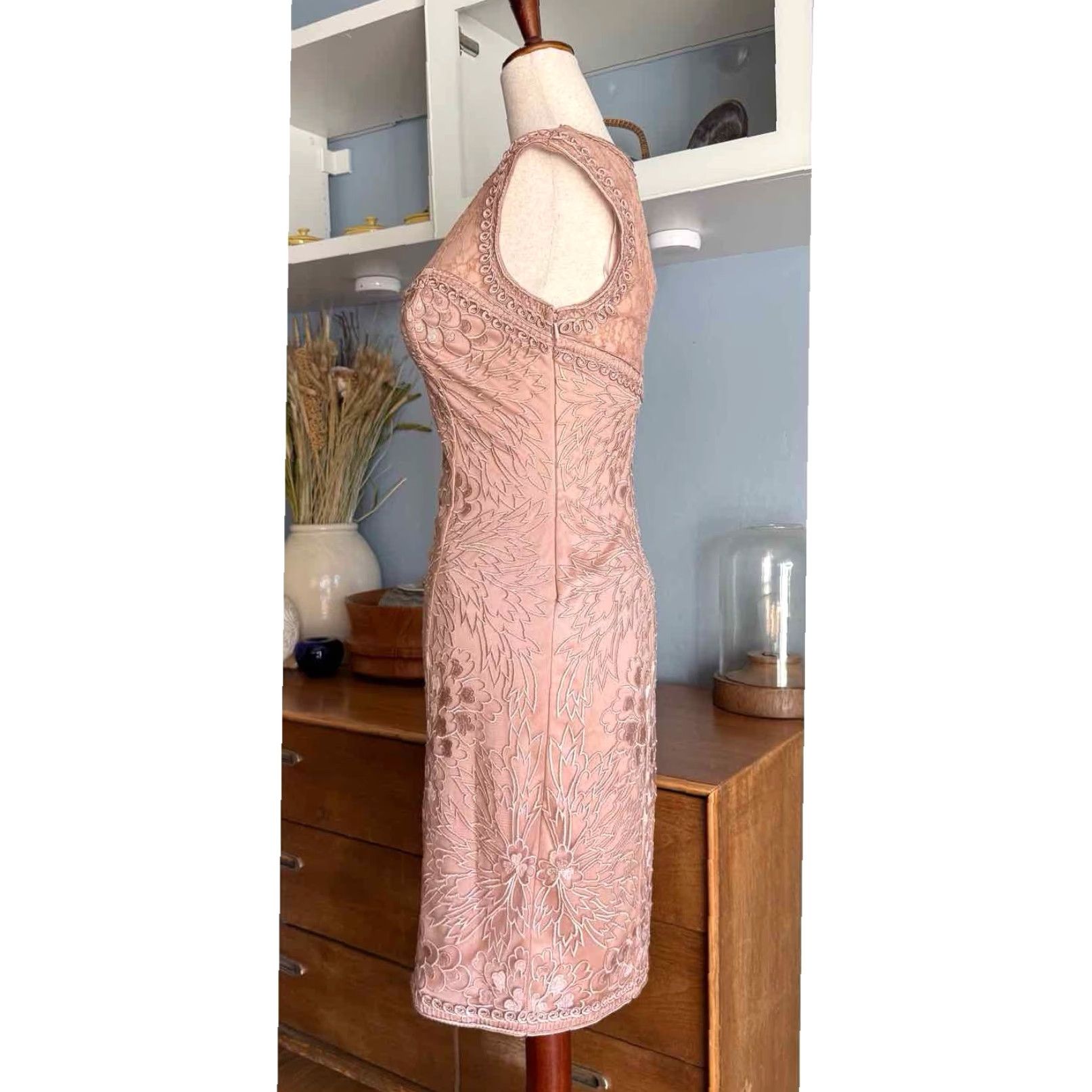 Vintage Sue Wong Sheath Dress Sandalwood Cocktail Party Sz 2 Pink Nylon Lace Knee Length Sandalwood Women Size XS / US 0-2 / IT 36-38 - 5 Thumbnail