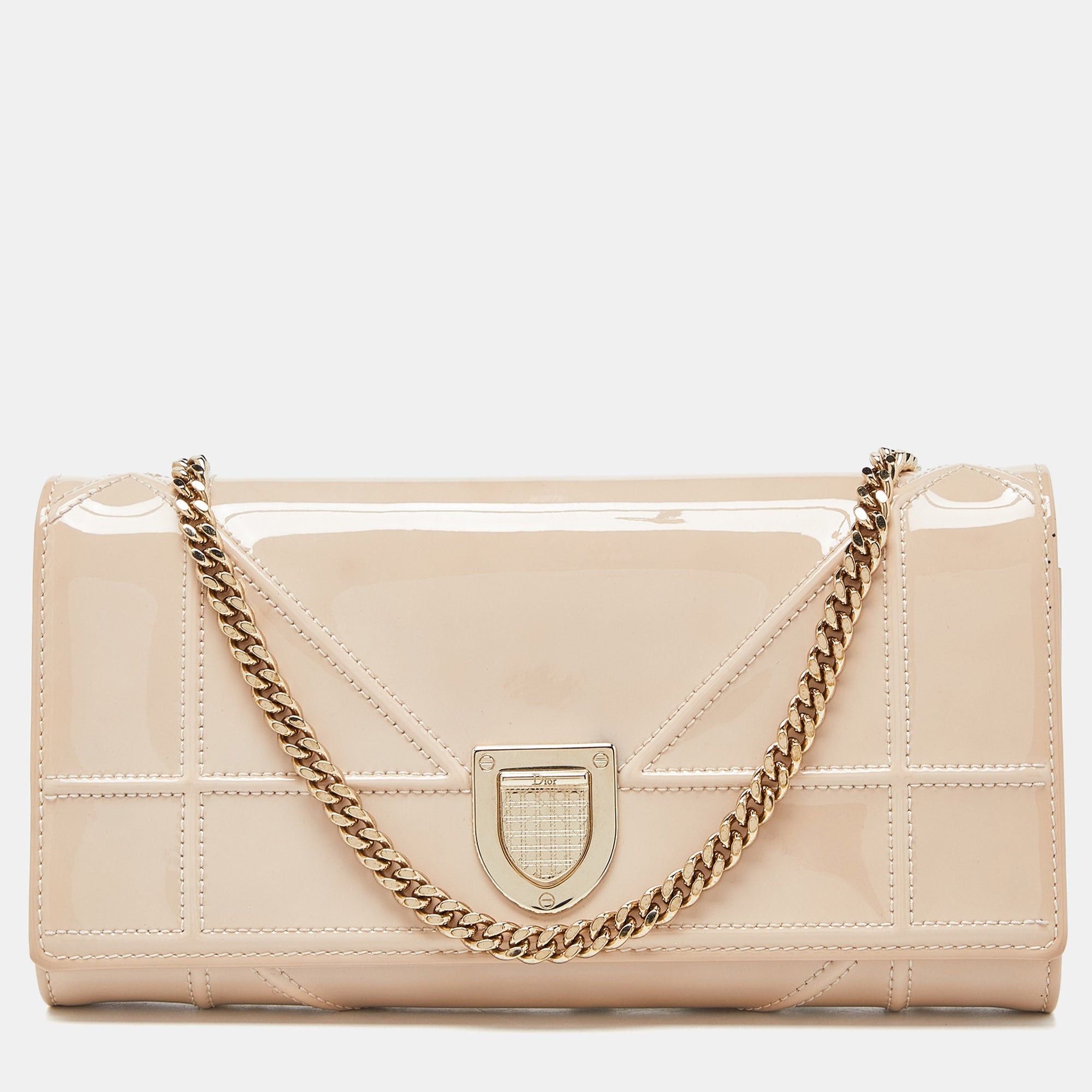 image of Dior Beige Patent Leather Ama Wallet On Chain in White, Women's