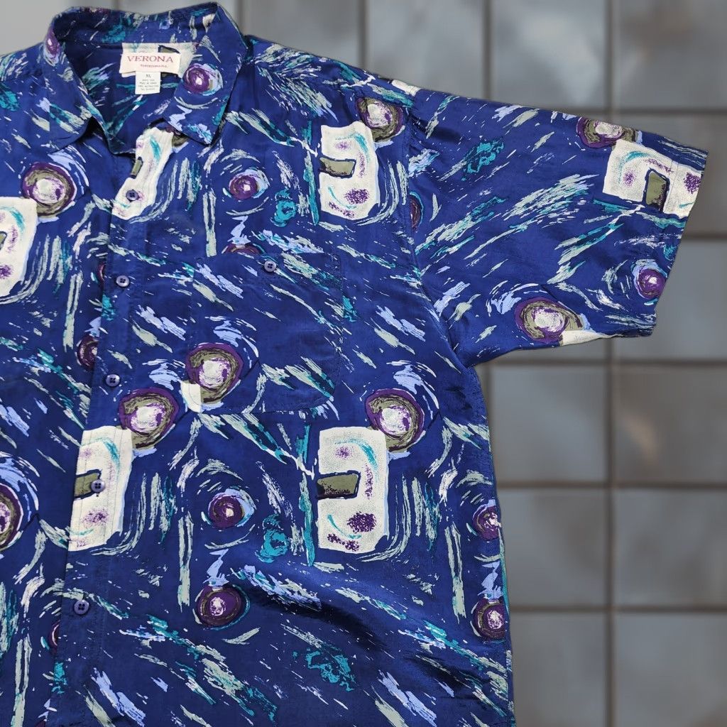 Merona VINTAGE Verona Original Shirt Mens XL Blue 100% Silk Short Sleeve Button Up Abstract Graphic Print 90s Beach California Hawaiian Size US XL / EU 56 / 4 - 1 Thumbnail