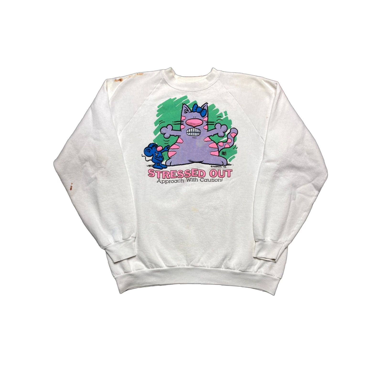 Vintage VINTAGE 90s Sweatshirt Crewneck Busy Cat Mouse Stressed Out Approach With Caution XL White Mens Pullover Size US XL / EU 56 / 4 - 1 Thumbnail