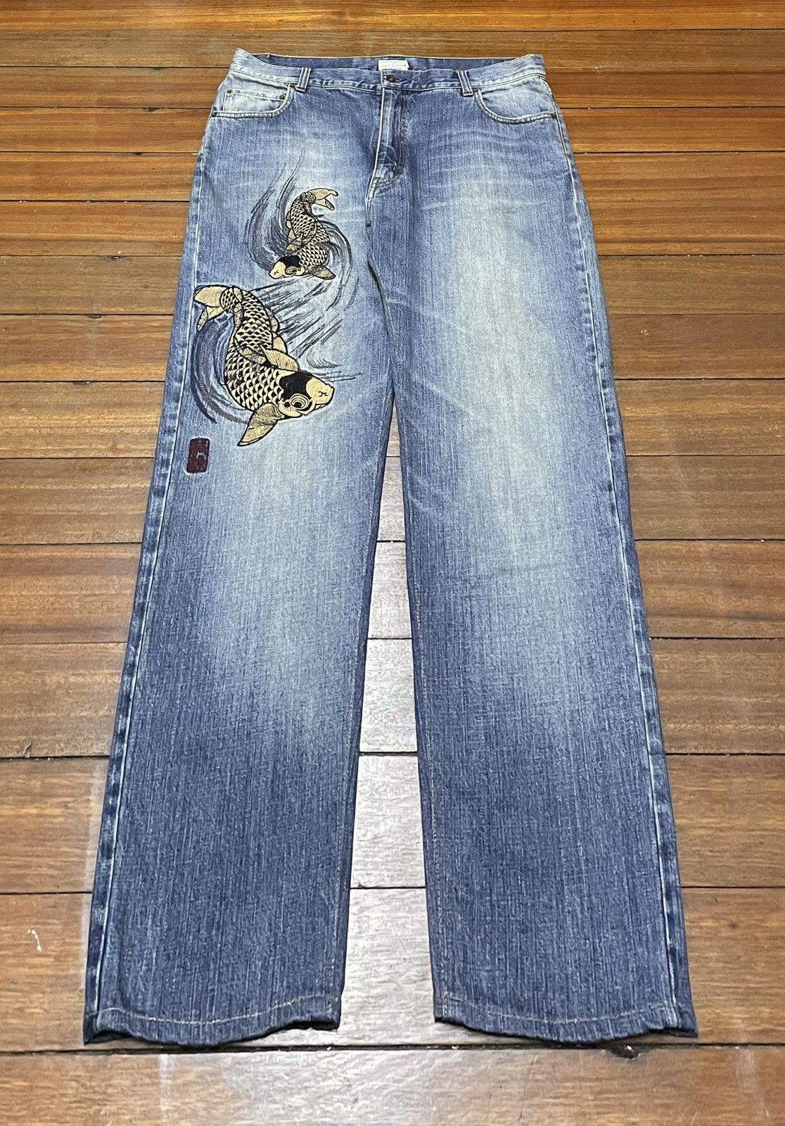 Japanese Brand × Vintage Very Rare Vintage Karakuri Koi Fish Sukajan Jeans 1990s Size US 38 / EU 54 - 1 Thumbnail