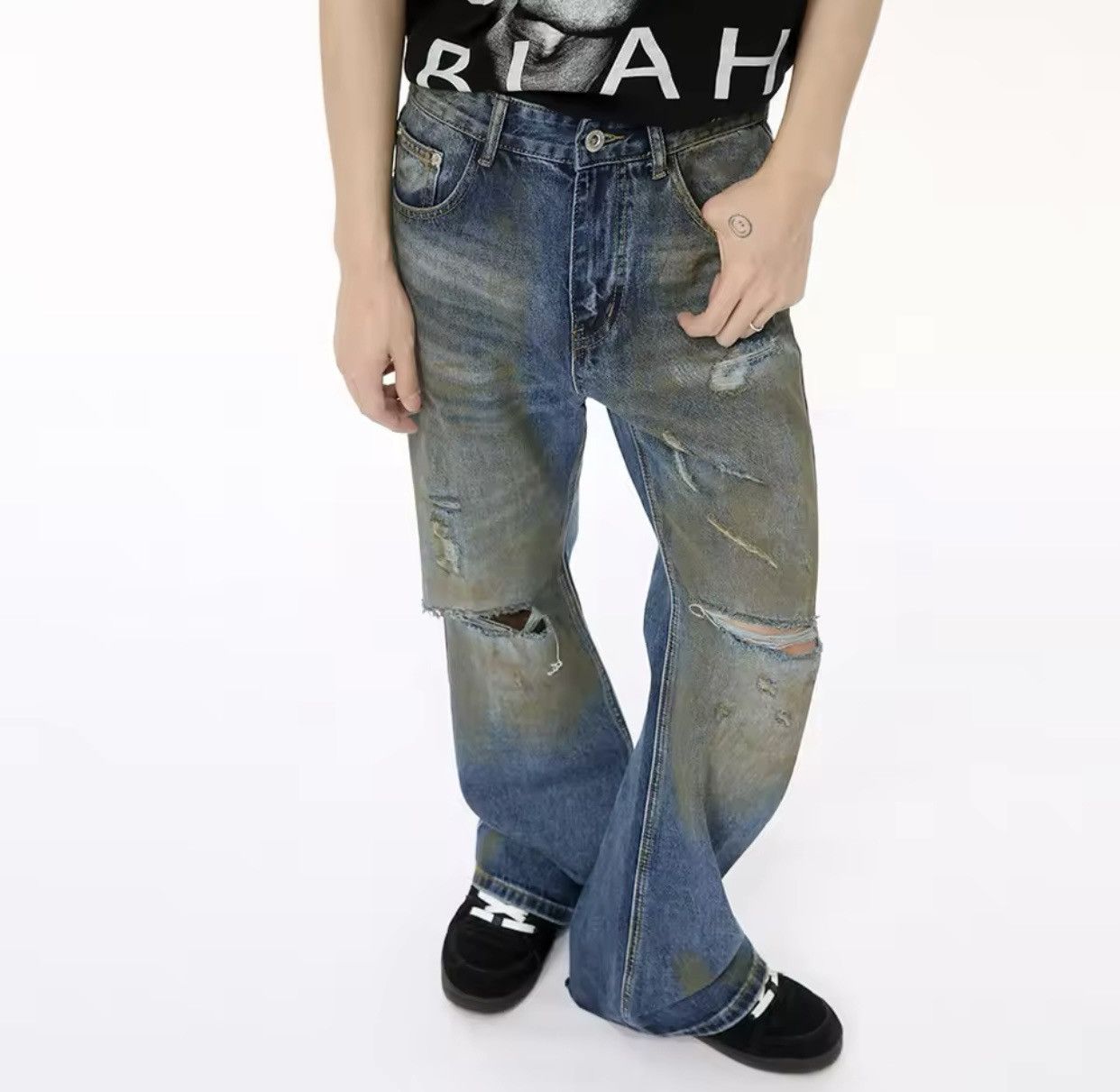 Denime × Jean Retro Broken Distressed Wide Leg Denim Jeans Size US 31 - 4 Thumbnail