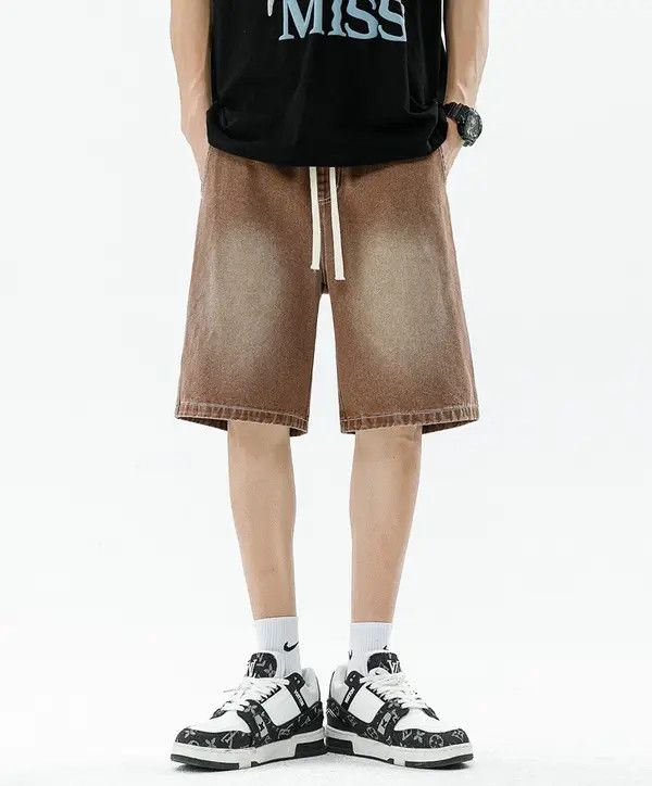 Japanese Brand Brown washed distressed loose straight casual denim shorts Size US 32 / EU 48 - 5 Thumbnail