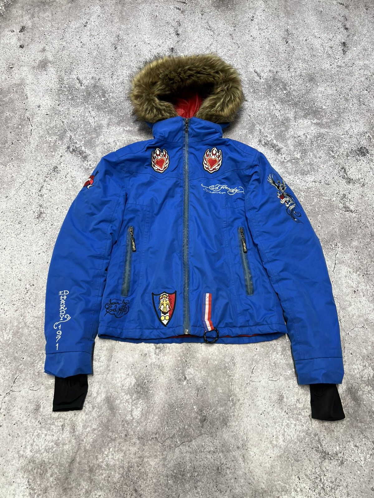 Ed Hardy Ed Hardy by Christian Audigier Embroidered Fur Bomber Jacket Size M / US 6-8 / IT 42-44 - 3 Thumbnail