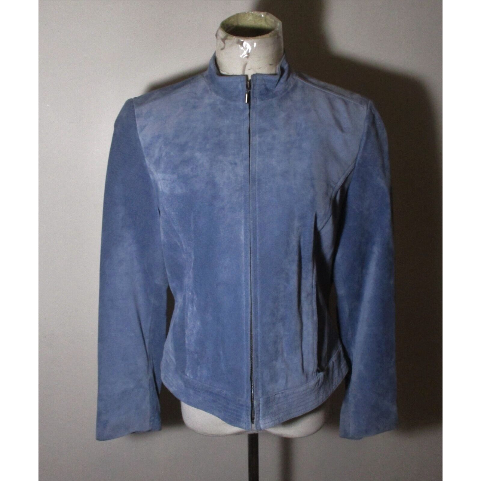 image of Vintage Women's Valerie Stevens Blue Full Zip 100% Leather Mock Neck Jacket Size M in White
