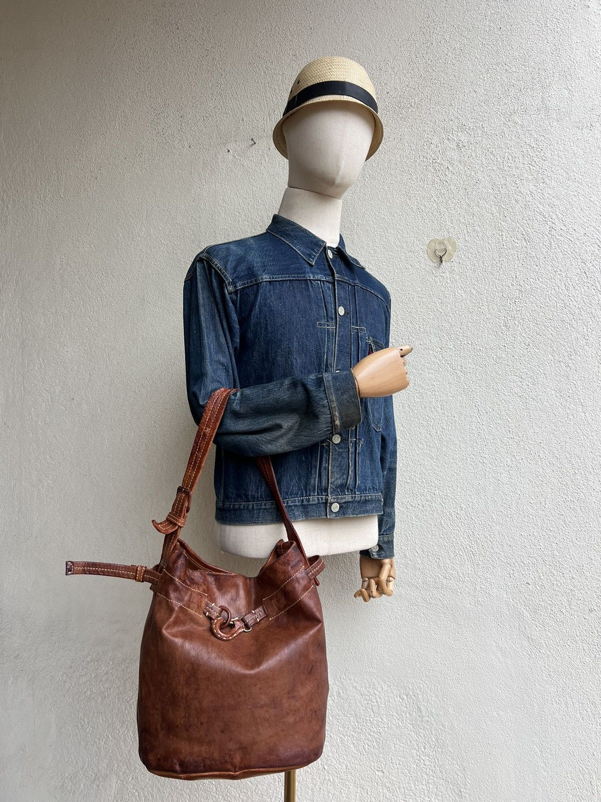 Leather Trashed Genten Japan Distress Patina Leather Bag Bucket Size ONE SIZE - 3 Thumbnail