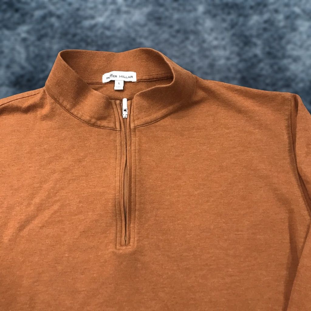 Peter Millar Sweater Mens Large Orange Golf Crown Comfort Interlock 1/4 Zipper Mock Neck Casual Pullover Knit Logo ts