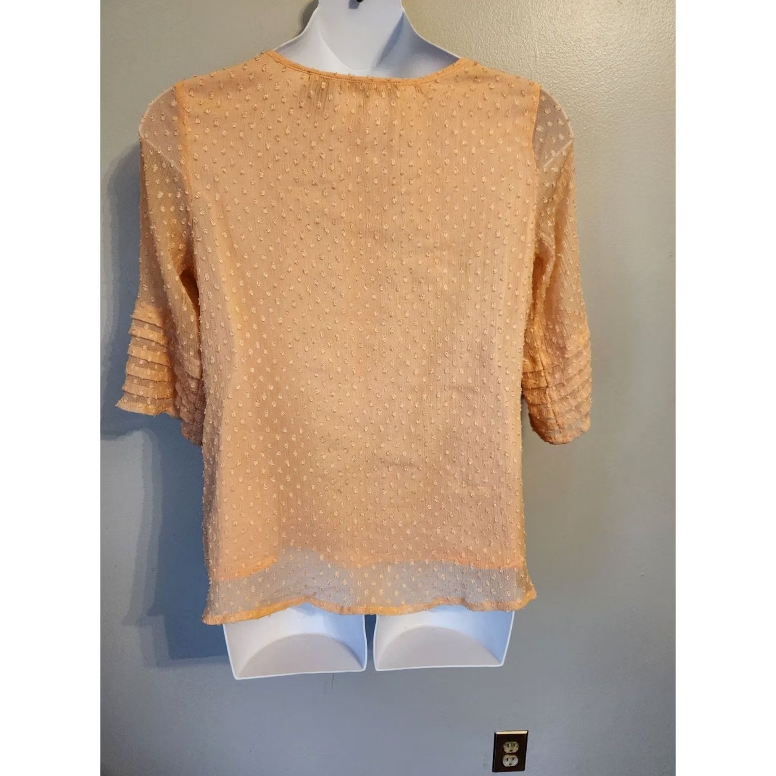 Denime Denim 24/7 Blouse Shirt 14W Plus Peach Semi Sheer Chiffon Lined Dotted Swiss Square Neck 3/4 Sleeve Womens Boys Size XL / US 12-14 / IT 48-50 - 5 Thumbnail