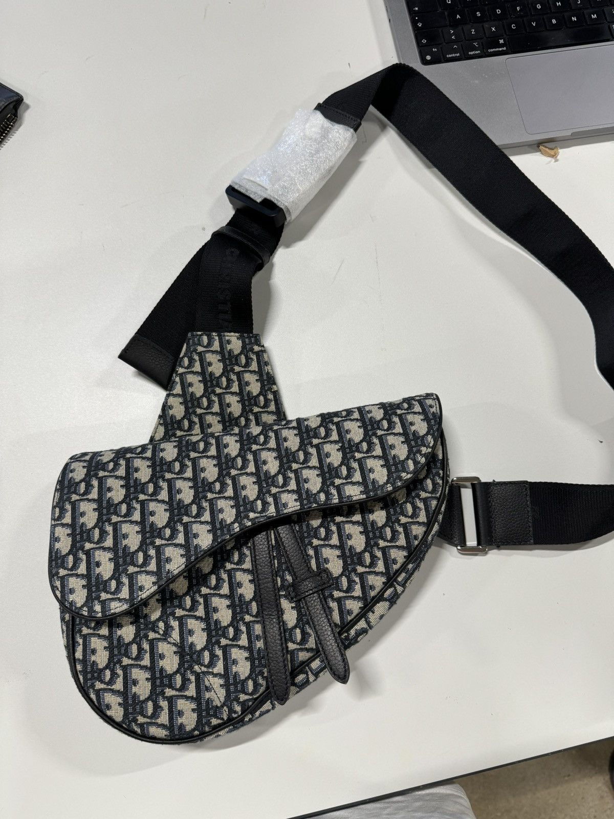 image of Dior Oblique Jacquard Saddle Bag in Beige, Men's