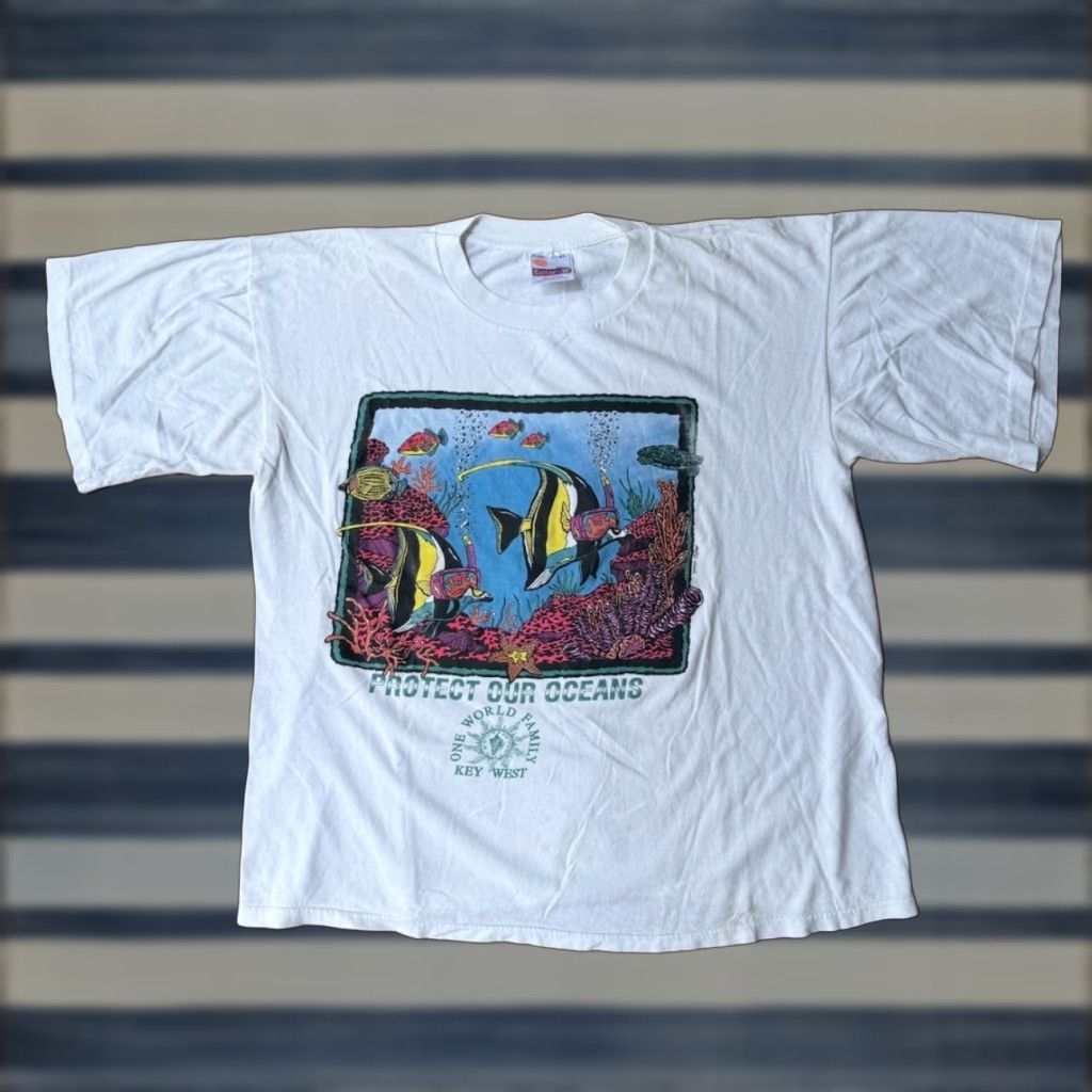 Vintage VINTAGE 90s Protect Our Ocean Fish Key West T-Shirt XL White Cotton Regular Men Solar-T Logo Short Sleeve Crew Neck 80s Theme Size US XL / EU 56 / 4 - 1 Thumbnail