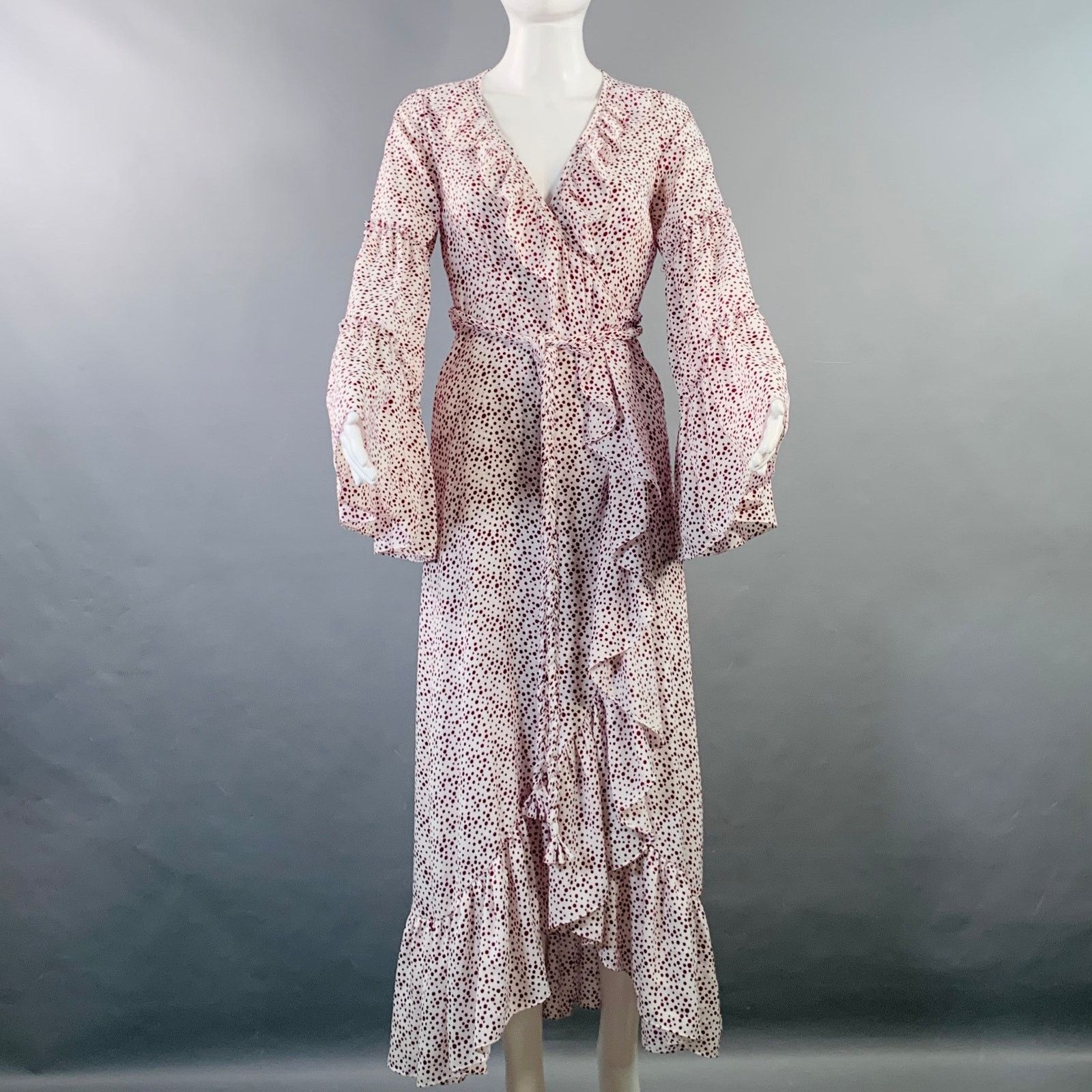 MISA Los Angeles MISA Size XS White Burgundy Viscose Dots Ruffle Wrap Dress Size XS / US 0-2 / IT 36-38 - 1 Thumbnail