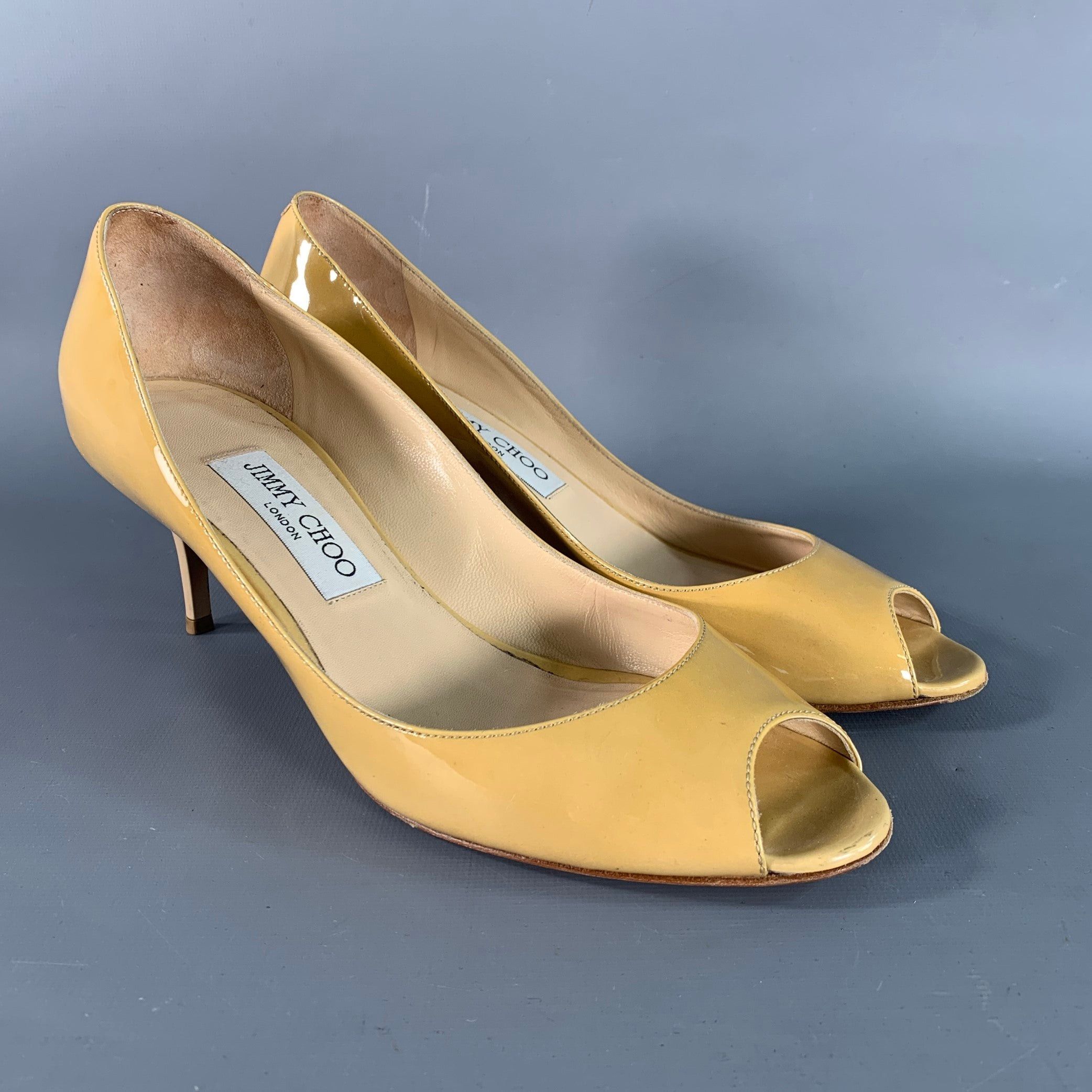 Jimmy Choo 8 Tan Patent Leather Peep Toe Pumps Shoes in Brown, Women's