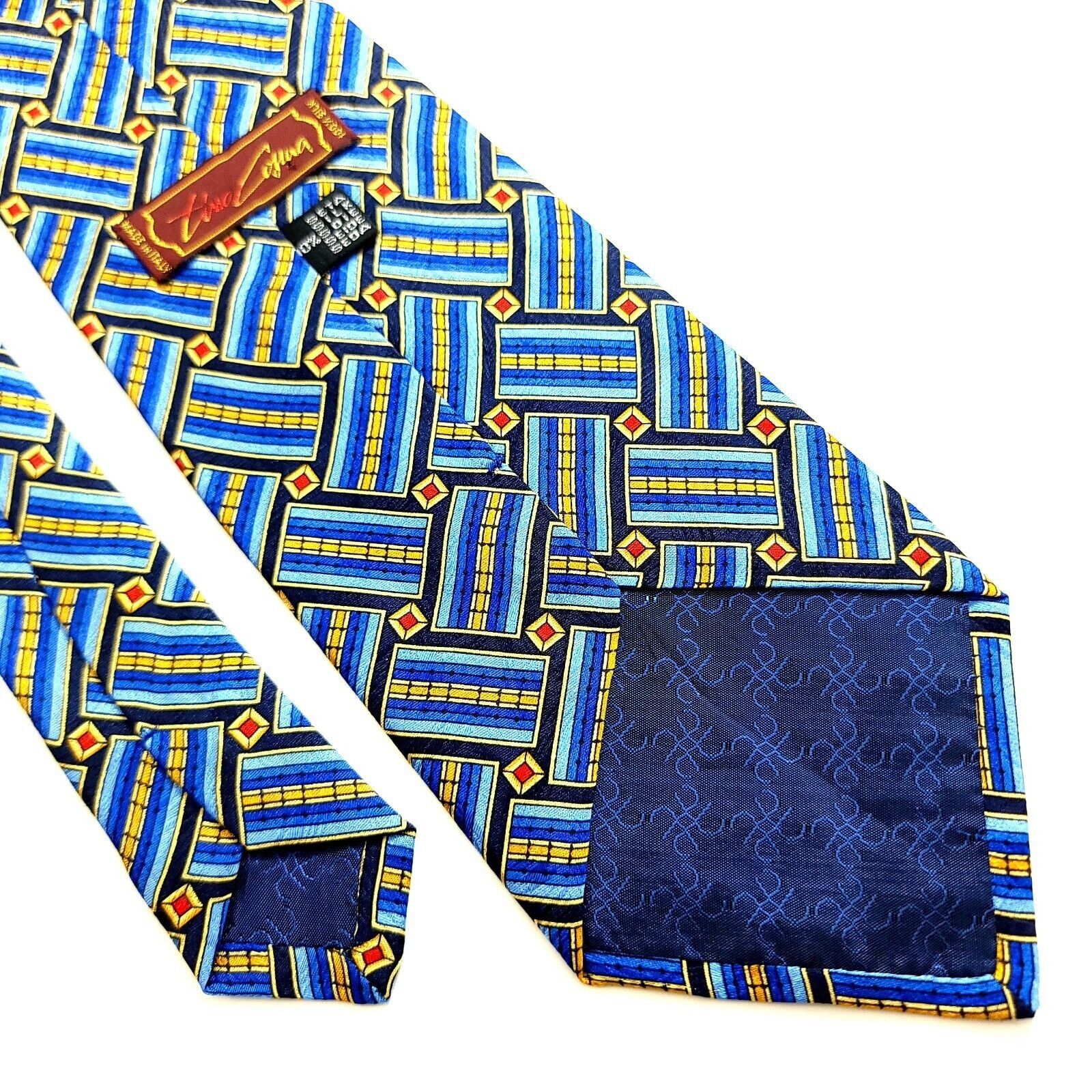 Designer Tino Cojuna Blue Geometric Jacquard Print Wide Silk Tie Size ONE SIZE - 4 Thumbnail