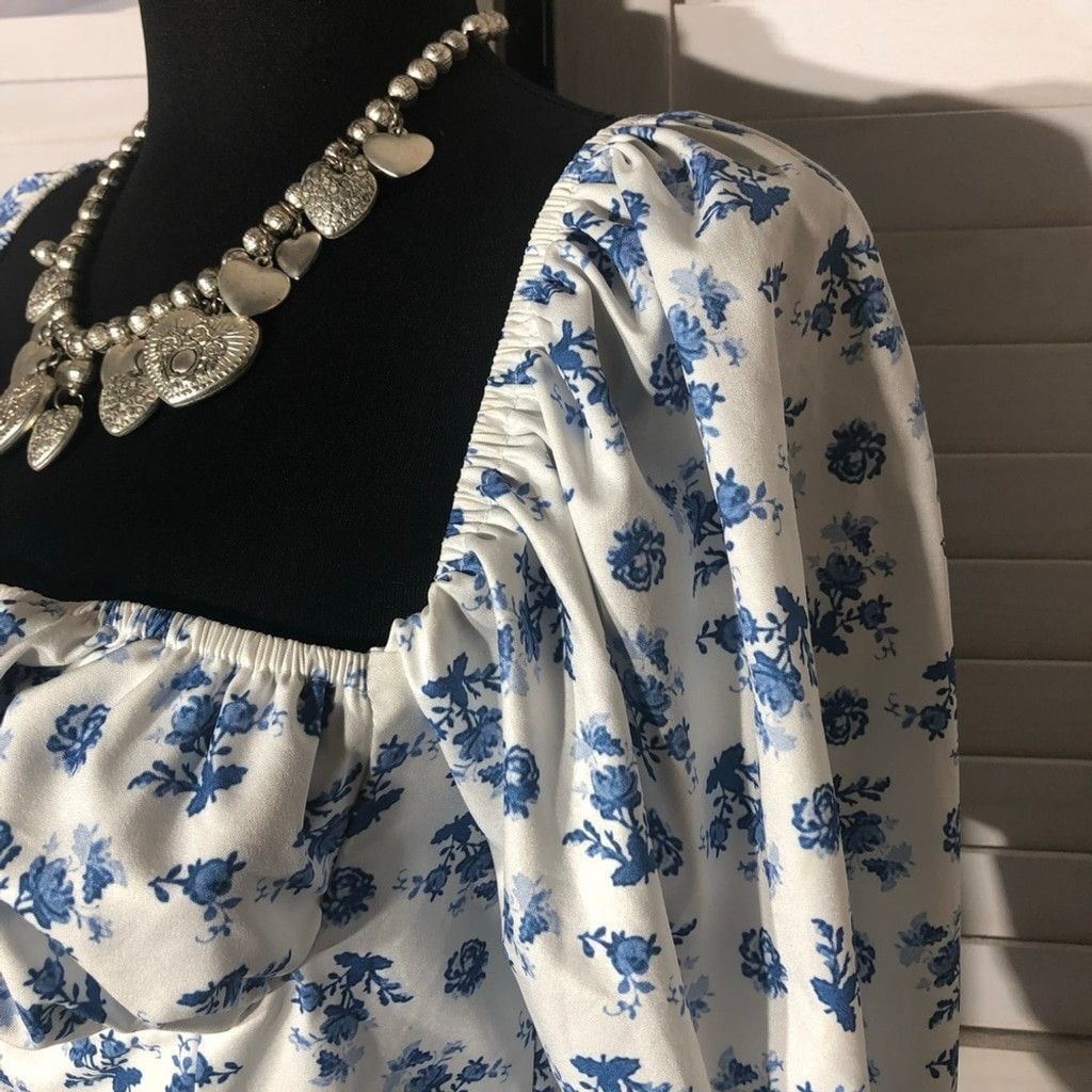Vintage Y2K boho Cropped Top Tie Trumpet Sleeves Floral Blue White M Size M / US 6-8 / IT 42-44 - 8 Thumbnail