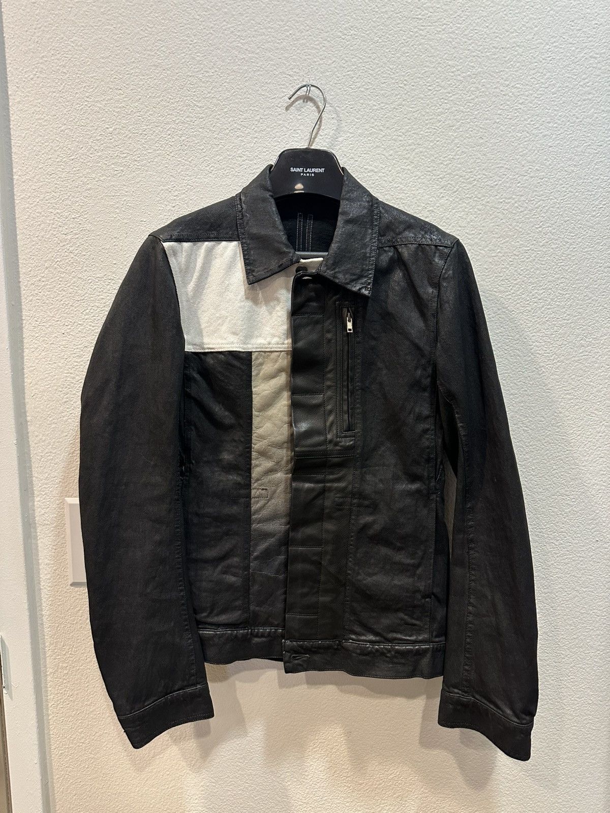 Pre-owned Rick Owens Ss16 Cyclops Waxed Leather Combo Worker Jacket S In Black