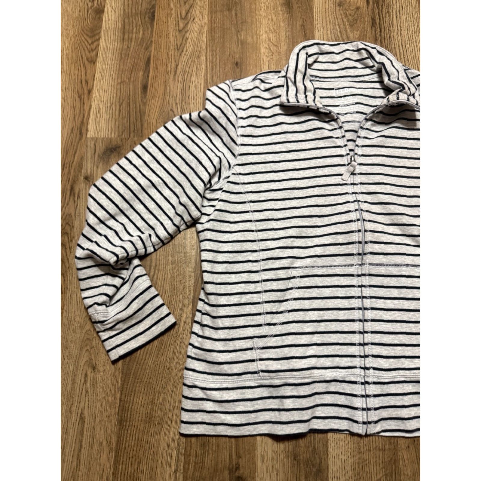 Vintage L.L. Bean Sweater Women's Size Large Petite Striped Gray Black Full Zip Womens Size L / US 10 / IT 46 - 3 Thumbnail