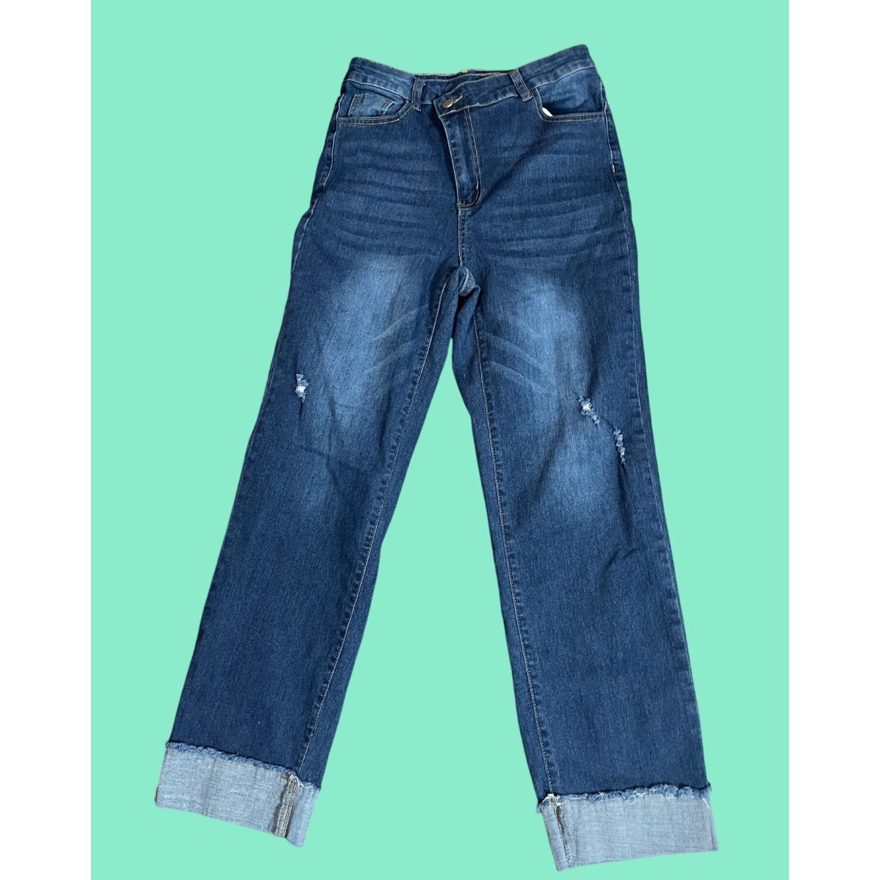 Other High-Waisted Distressed Cuffed Hem Jeans With crossover zip Size 31" - 1 Thumbnail