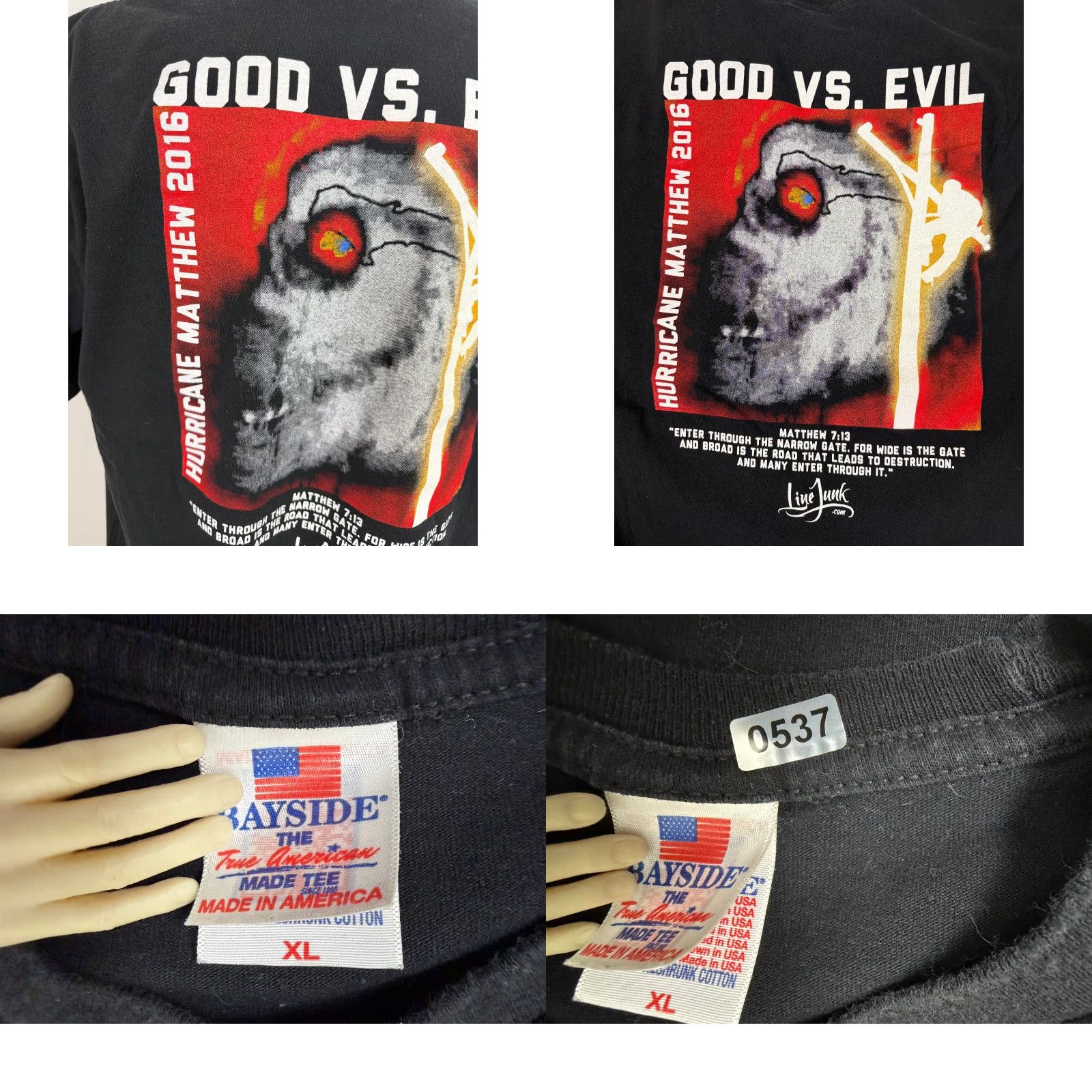 Vintage Lineman Shirt Bayside T-Shirt XXL Men Black 2016 Hurricane Matthew Good vs Evil Power Lines Linejunk USA Vintage No Size US XL / EU 56 / 4 - 8 Thumbnail