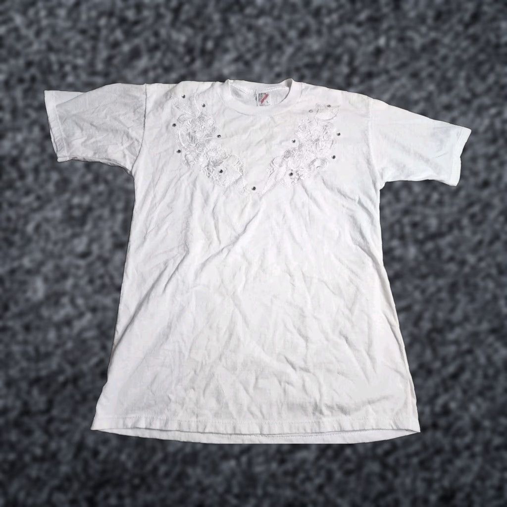 Jerzees VINTAGE JERZEES Women's T-Shirt 90s Floral Applique Rhinestones Cotton Blend White Size L Size L / US 10 / IT 46 - 1 Thumbnail