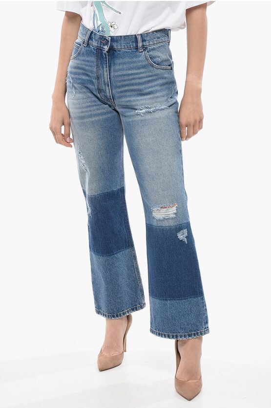 Image of Moncler X Palm Angels Cropped Fit Denims With Contrasting Ba in Blue, Women's (Size 30)